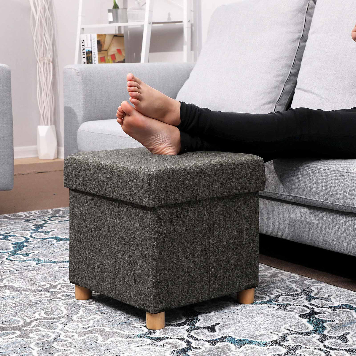 Collapsible Storage Ottoman - Fabric - Dark Grey - Multifunctional Foot Stool with Wooden Feet