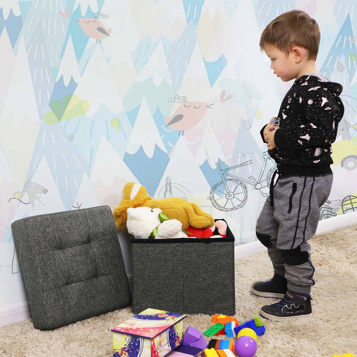 Collapsible Storage Ottoman - Fabric - Dark Grey - Multifunctional Foot Stool with Wooden Feet
