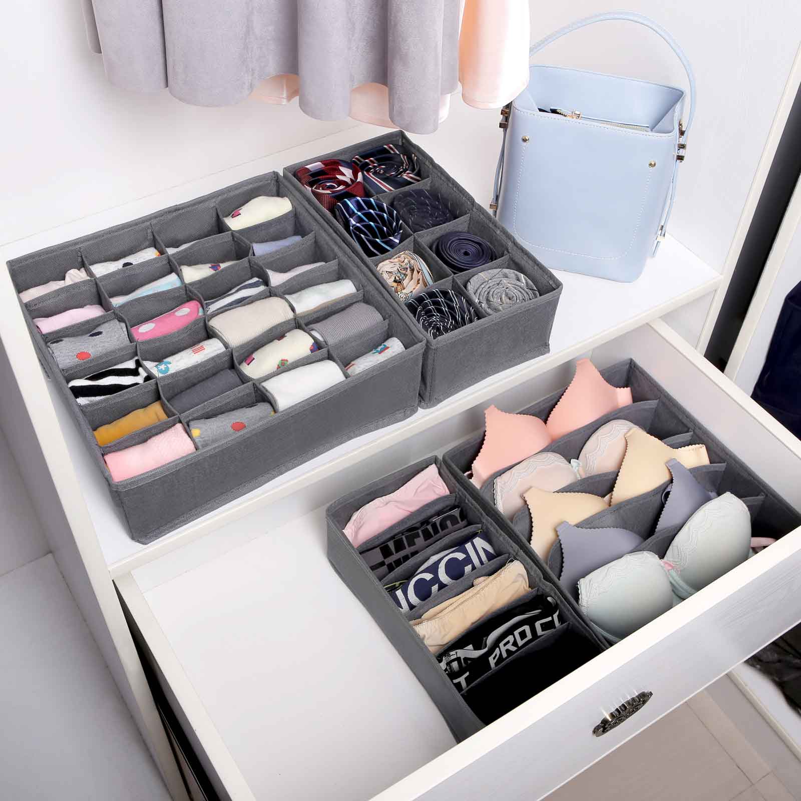 Collapsible Drawer Organisers - Fabric - Grey - Set of 4 Foldable Closet Dividers for Bras