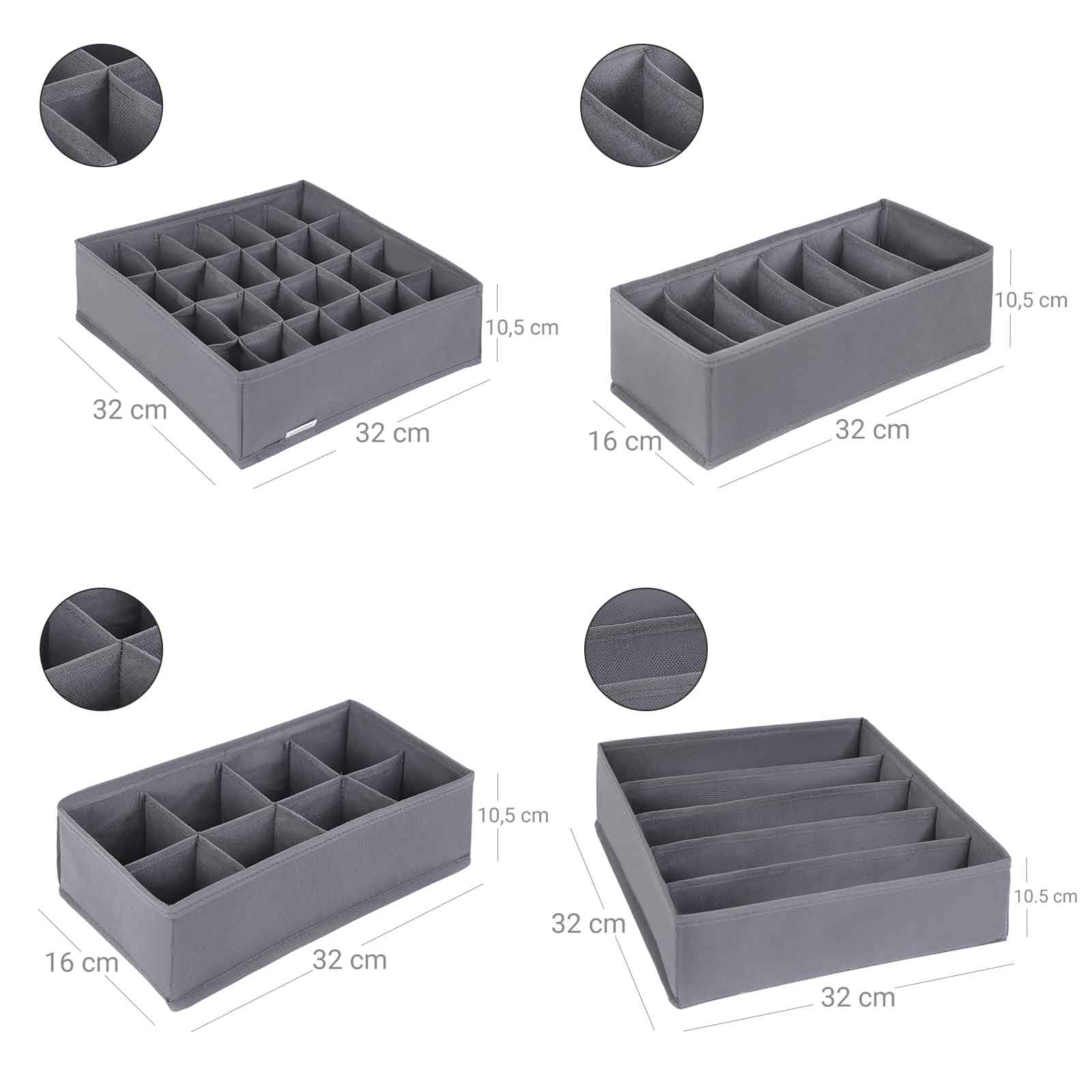 Collapsible Drawer Organisers - Fabric - Grey - Set of 4 Foldable Closet Dividers for Bras