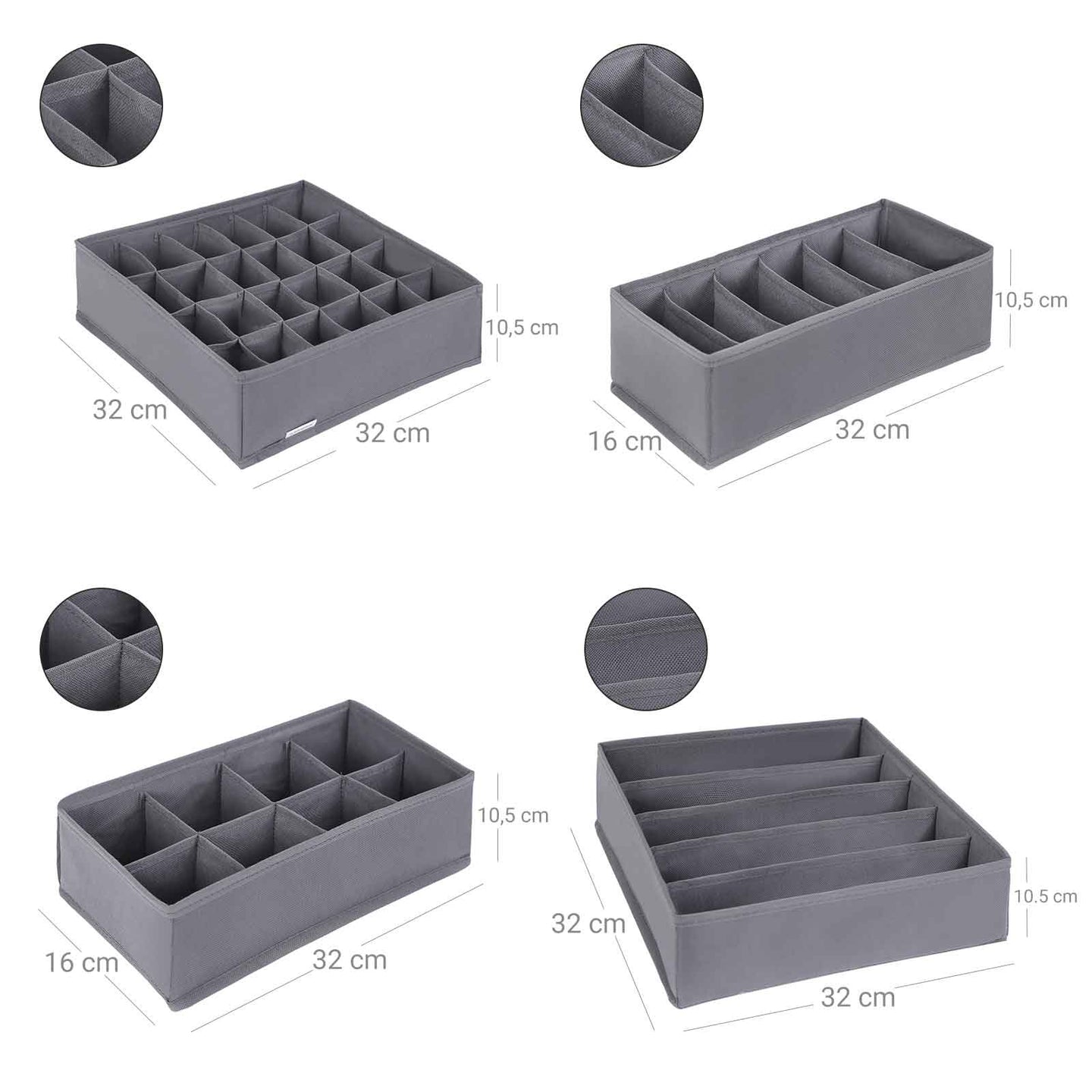 Collapsible Drawer Organisers - Fabric - Grey - Set of 4 Foldable Closet Dividers for Bras
