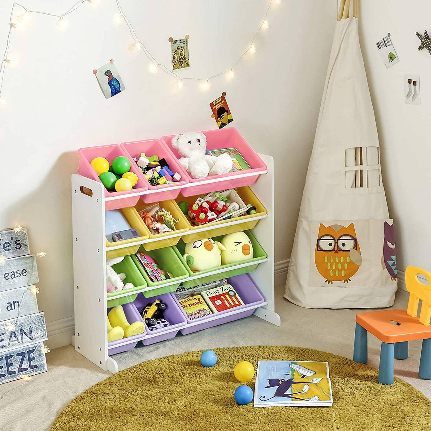 Toy Storage Unit - 12 Removable Bins - PP Plastic - Candy Color and White