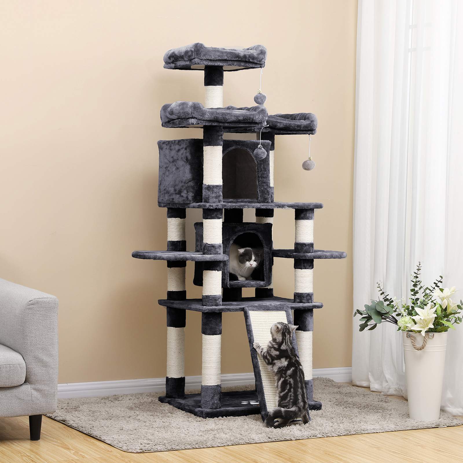Cat Tree - Wood - Smoky Grey - 3 Viewing Perches