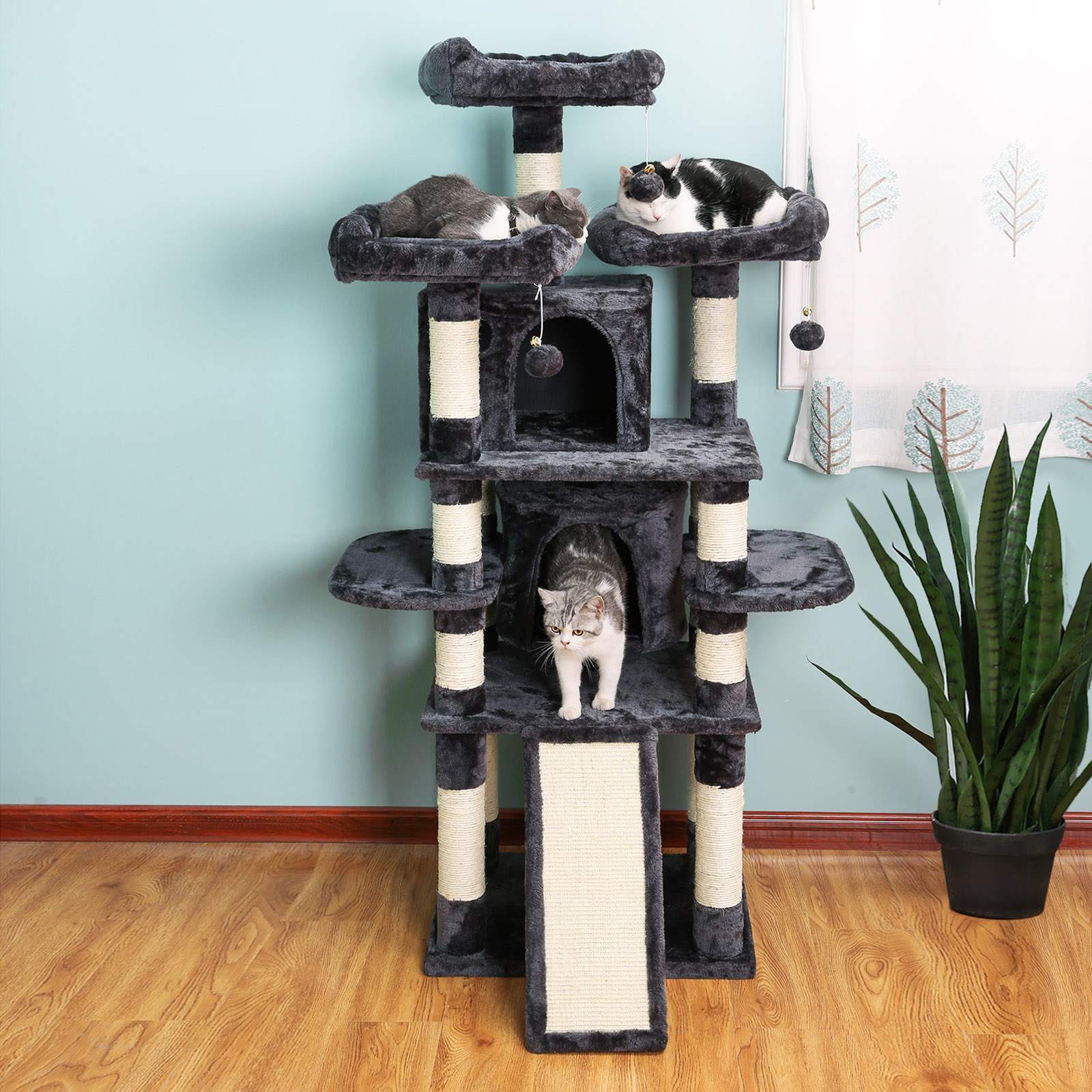 Cat Tree - Wood - Smoky Grey - 3 Viewing Perches