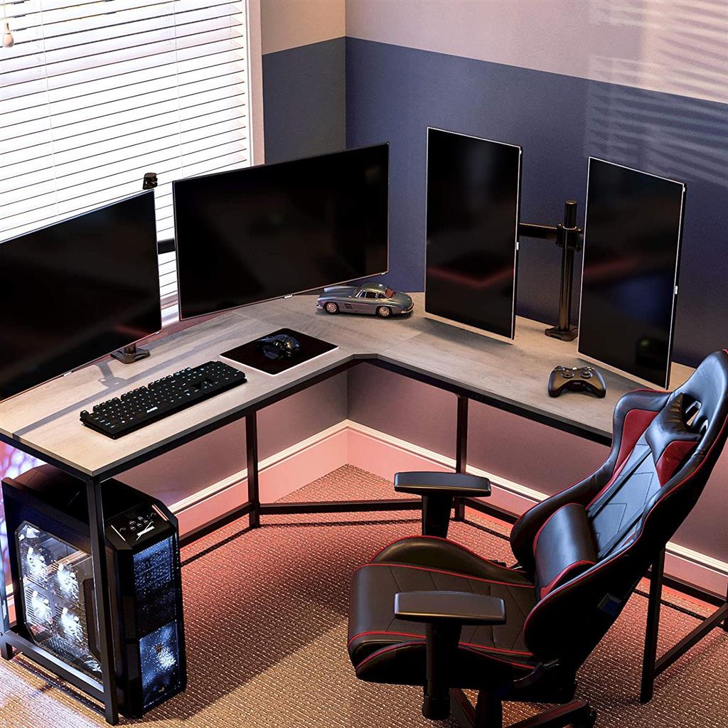 L-Shaped Corner Desk - Wood - Greige and Black
