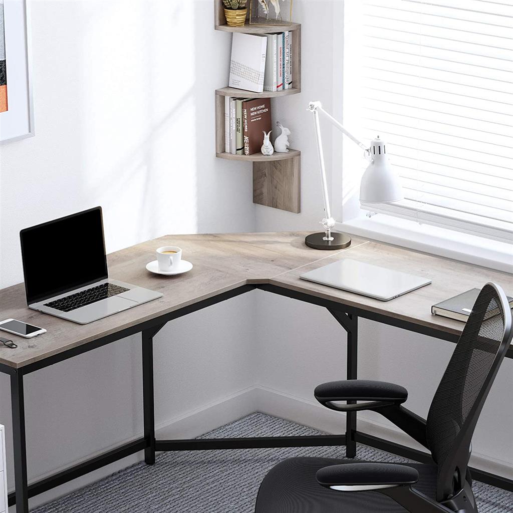 L-Shaped Corner Desk - Wood - Greige and Black