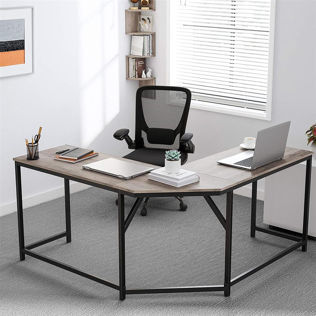 L-Shaped Corner Desk - Wood - Greige and Black