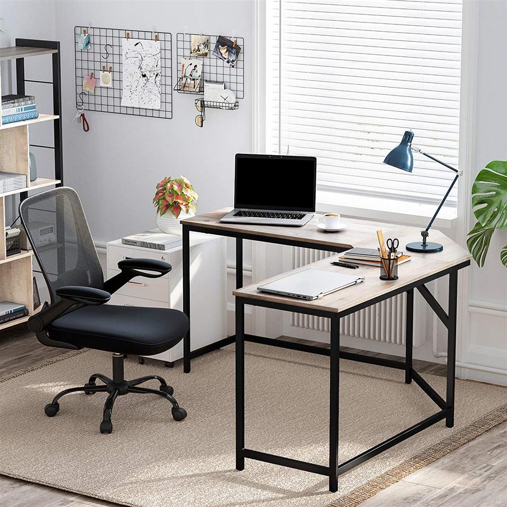 L-Shaped Corner Desk - Wood - Greige and Black