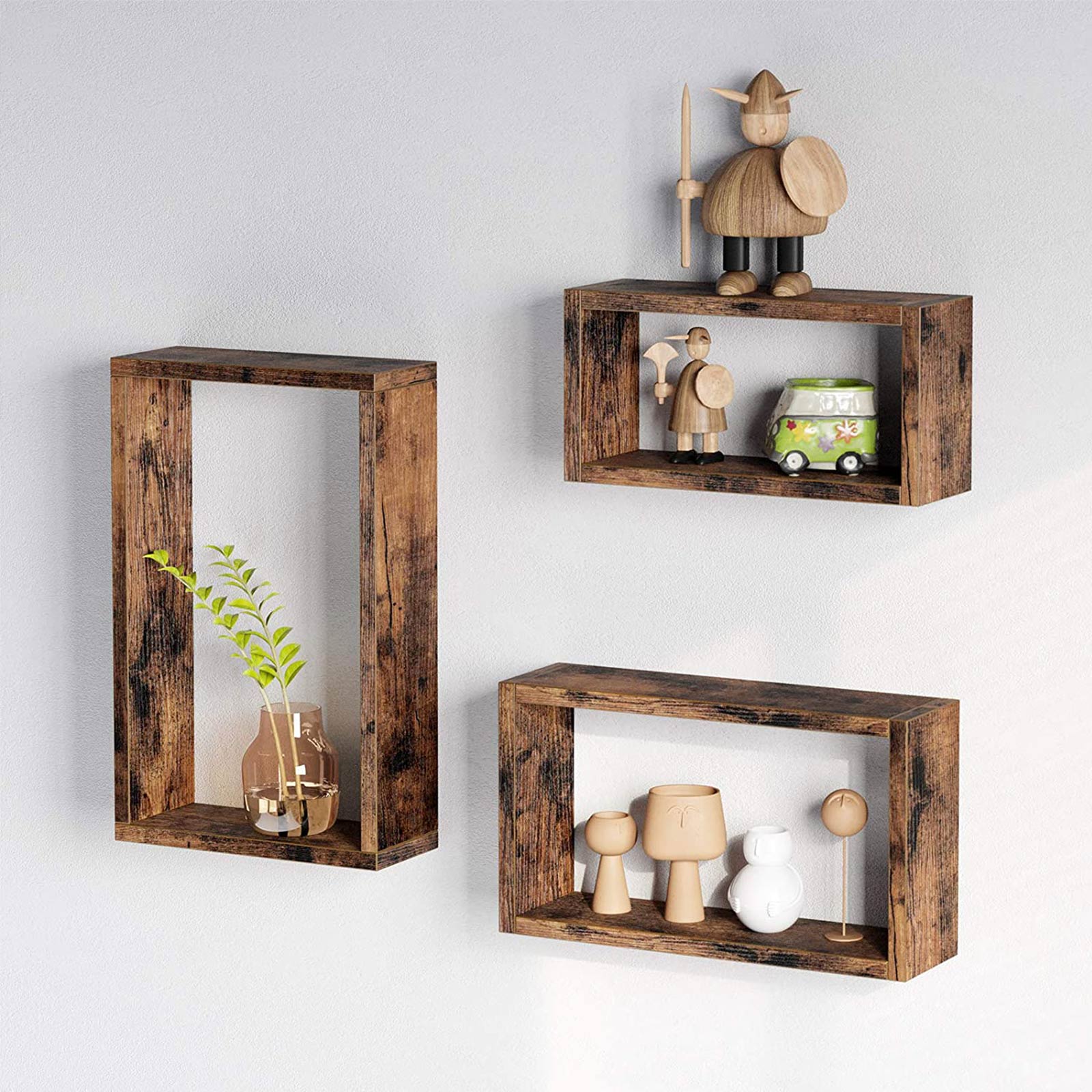 Floating Cube Shelves - Wood - Rustic Brown - Set of 3