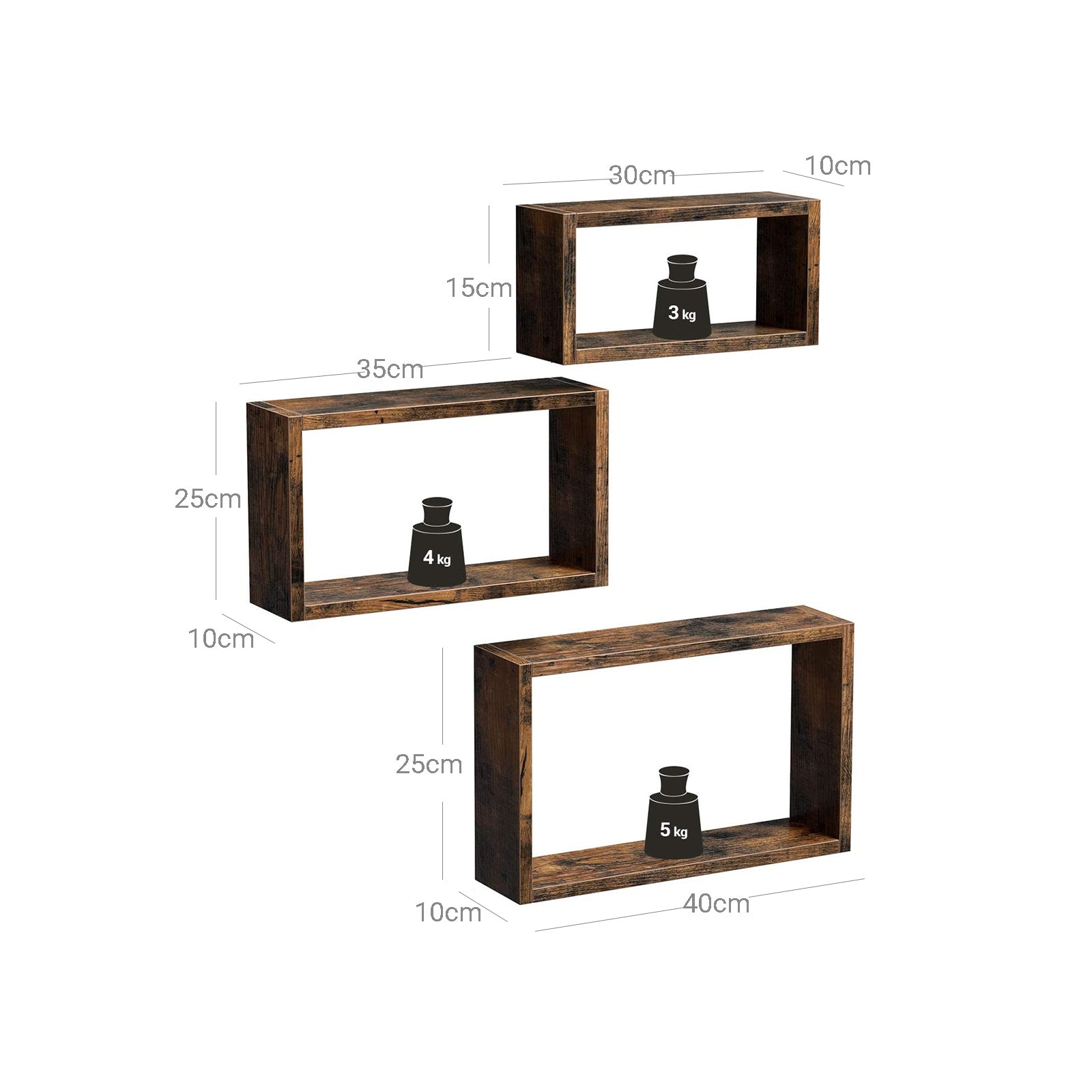Floating Cube Shelves - Wood - Rustic Brown - Set of 3
