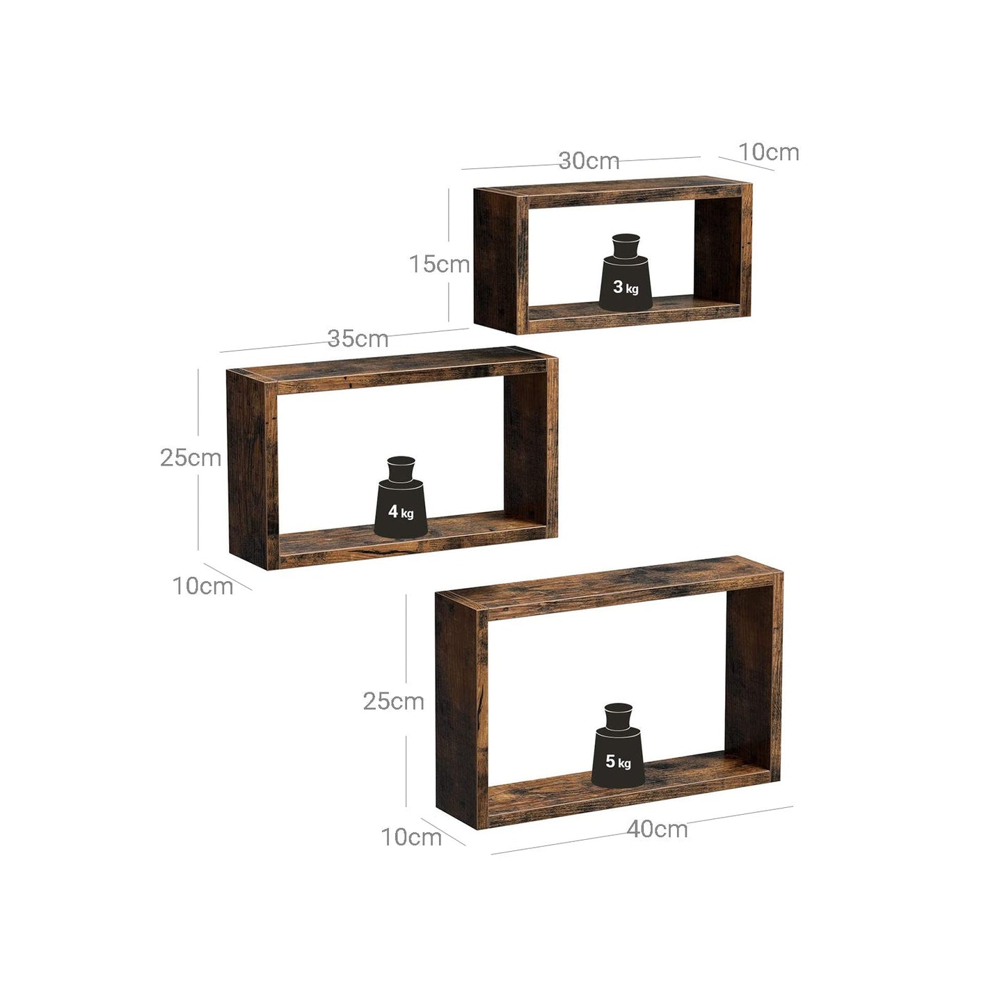 Floating Cube Shelves - Wood - Rustic Brown - Set of 3