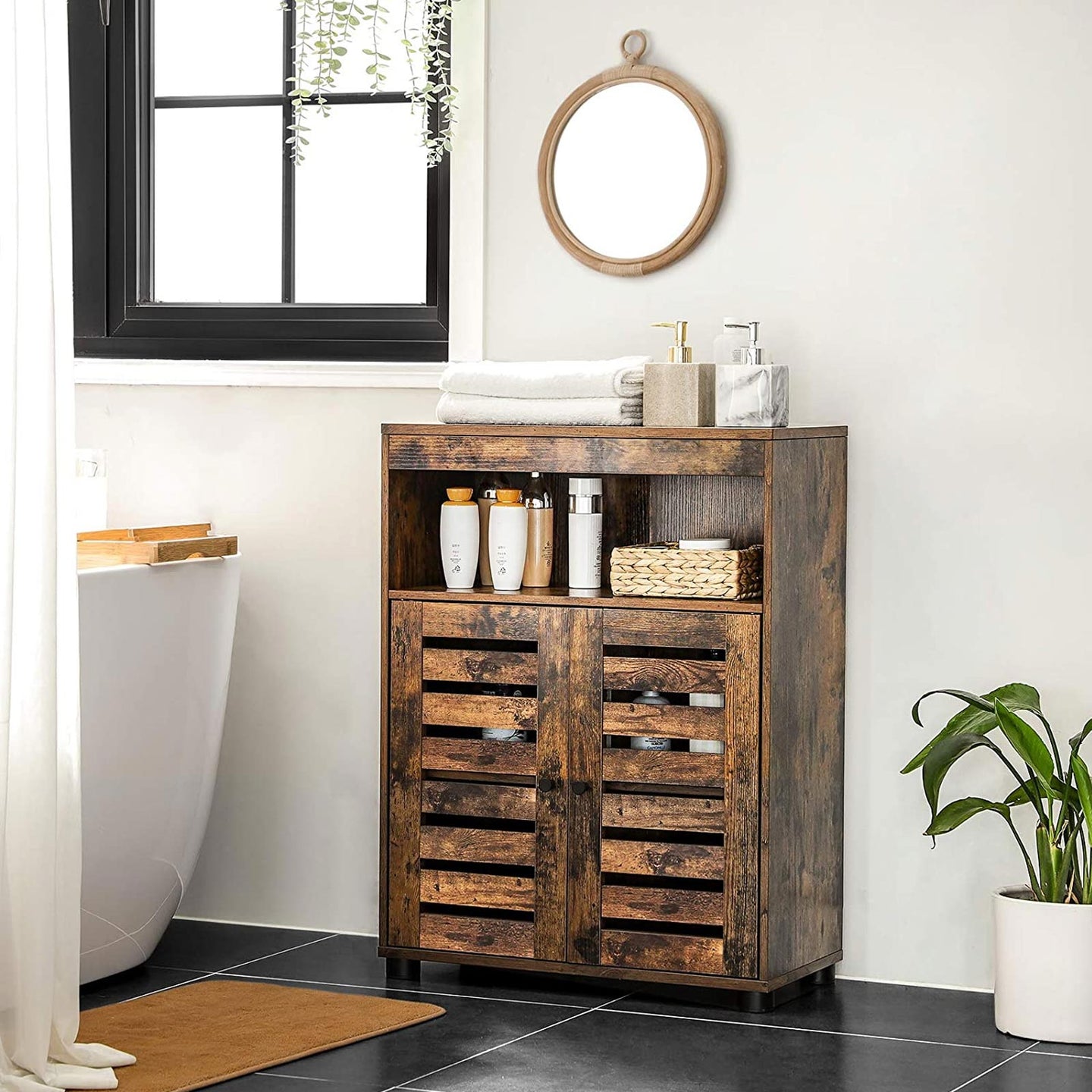 Storage Cupboard - Wood - Rustic Brown - Louvered Doors and Adjustable Shelf