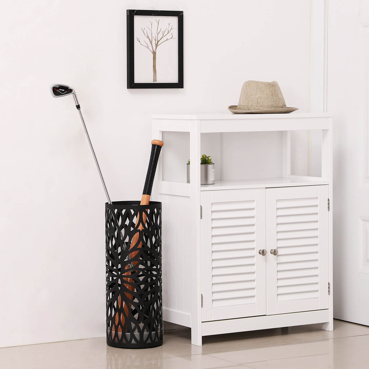 Cylindrical Umbrella Stand - Metal - Black - Includes Hooks and Drip Tray
