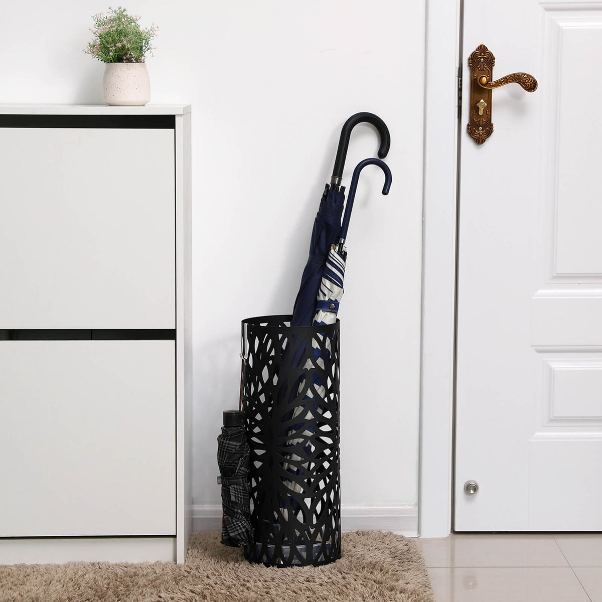 Cylindrical Umbrella Stand - Metal - Black - Includes Hooks and Drip Tray