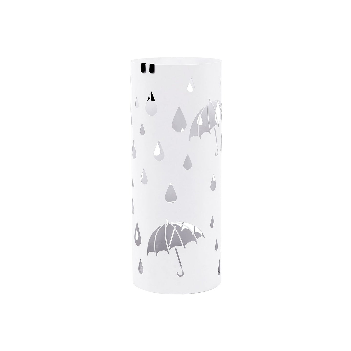 Cylindrical Umbrella Stand - Metal - White - With Hooks and Drip Tray