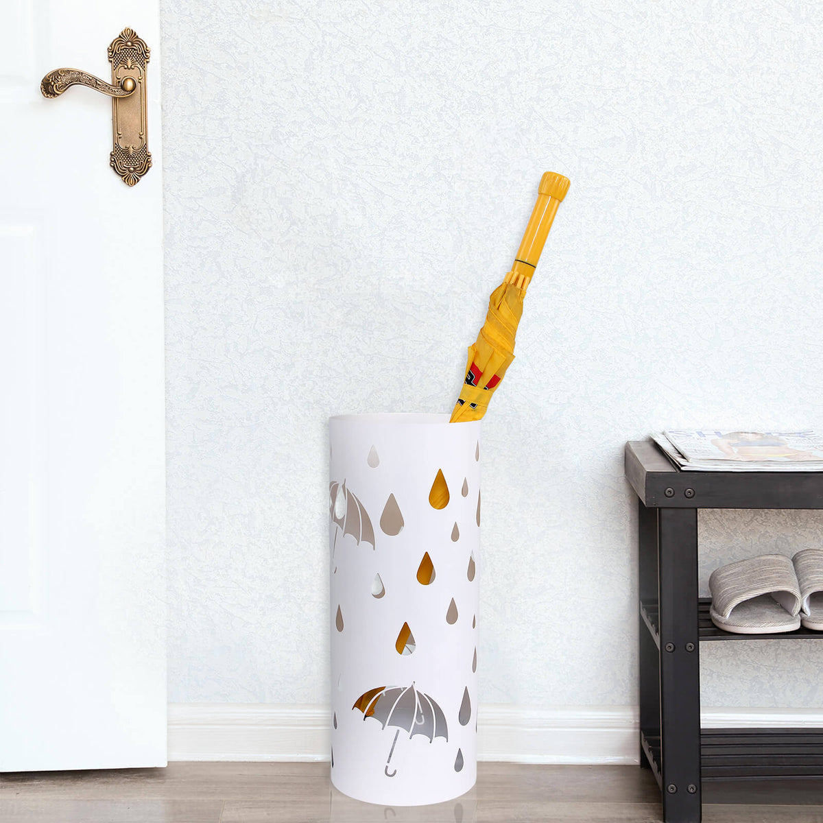 Cylindrical Umbrella Stand - Metal - White - With Hooks and Drip Tray