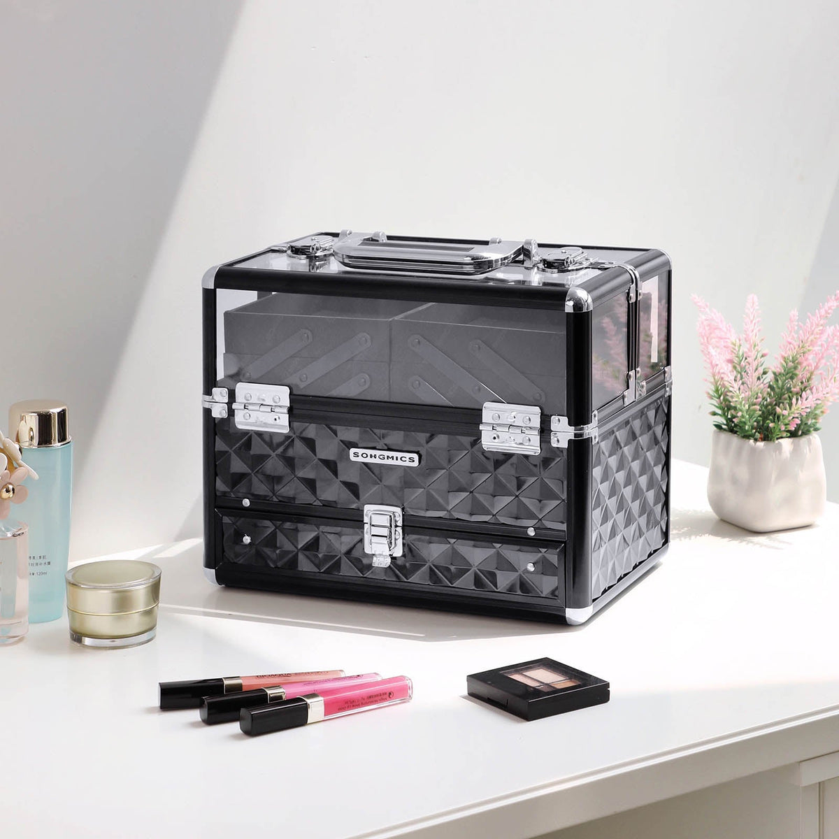 Deluxe Makeup Case - Acrylic - Black - Professional Organiser with Pull-Out Tray