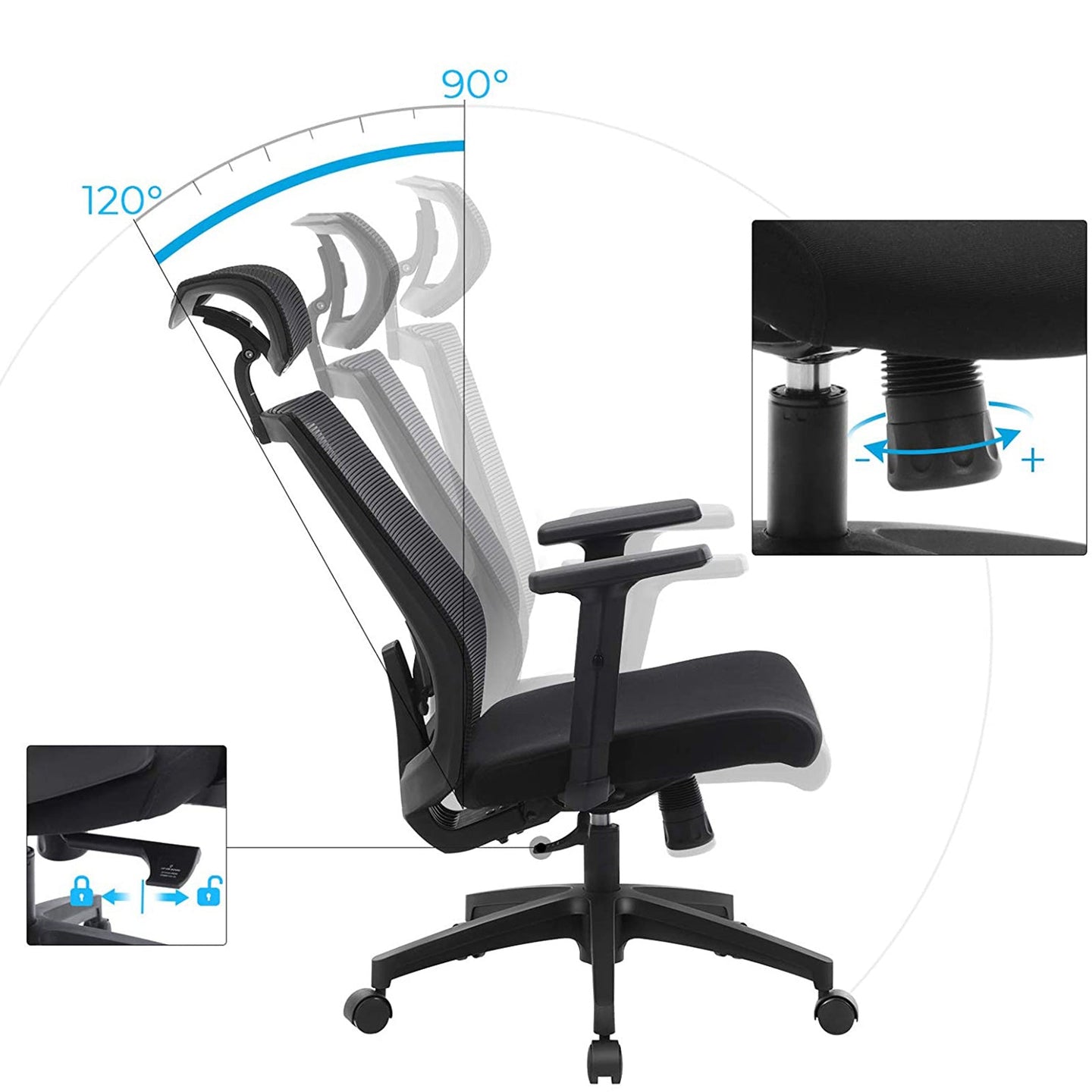 Mesh Office Chair - Mesh Fabric - Black - Ergonomic with Adjustable Lumbar Support and Headrest