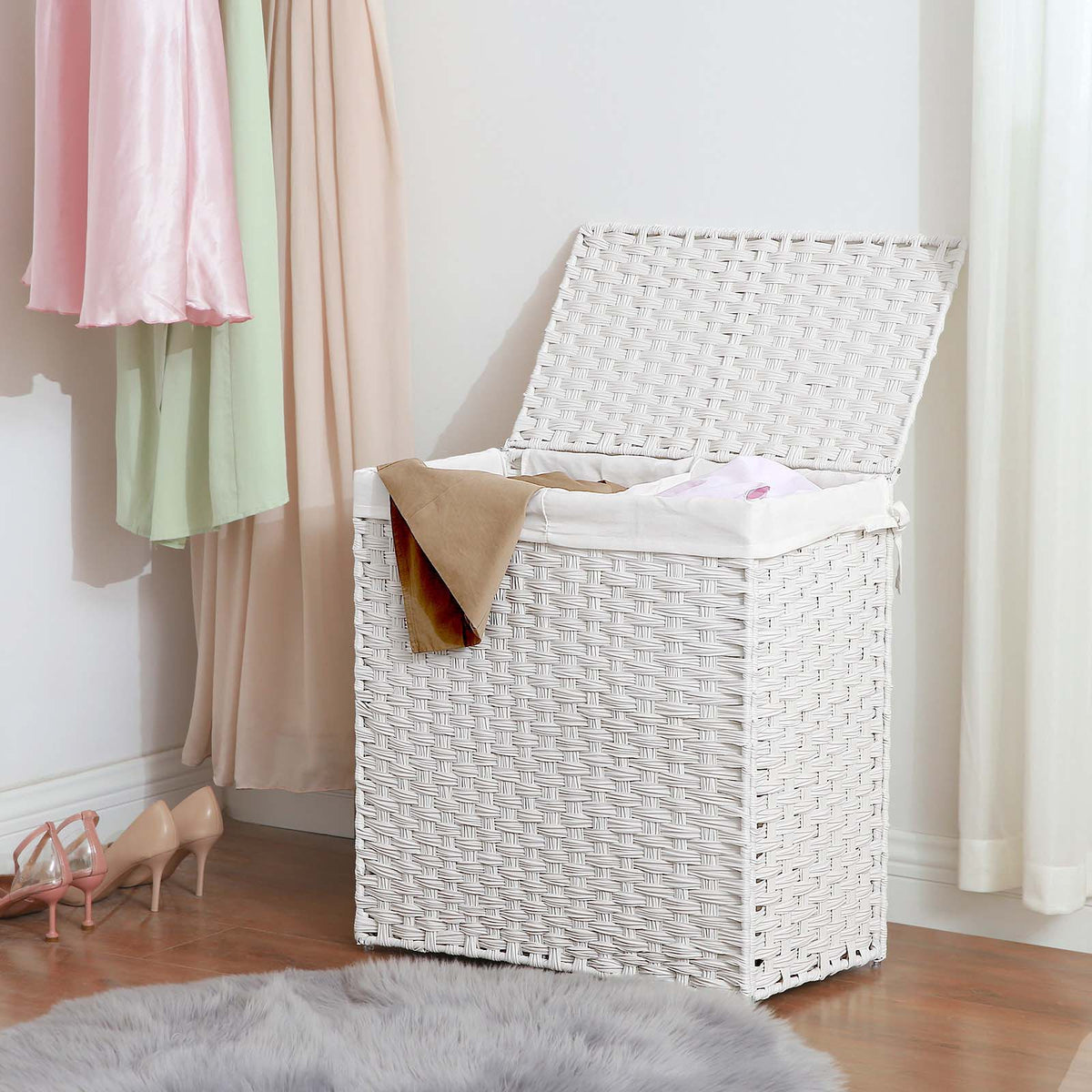 Divided Laundry Basket - Synthetic Rattan - Natural - Foldable with Lid and Removable Liner