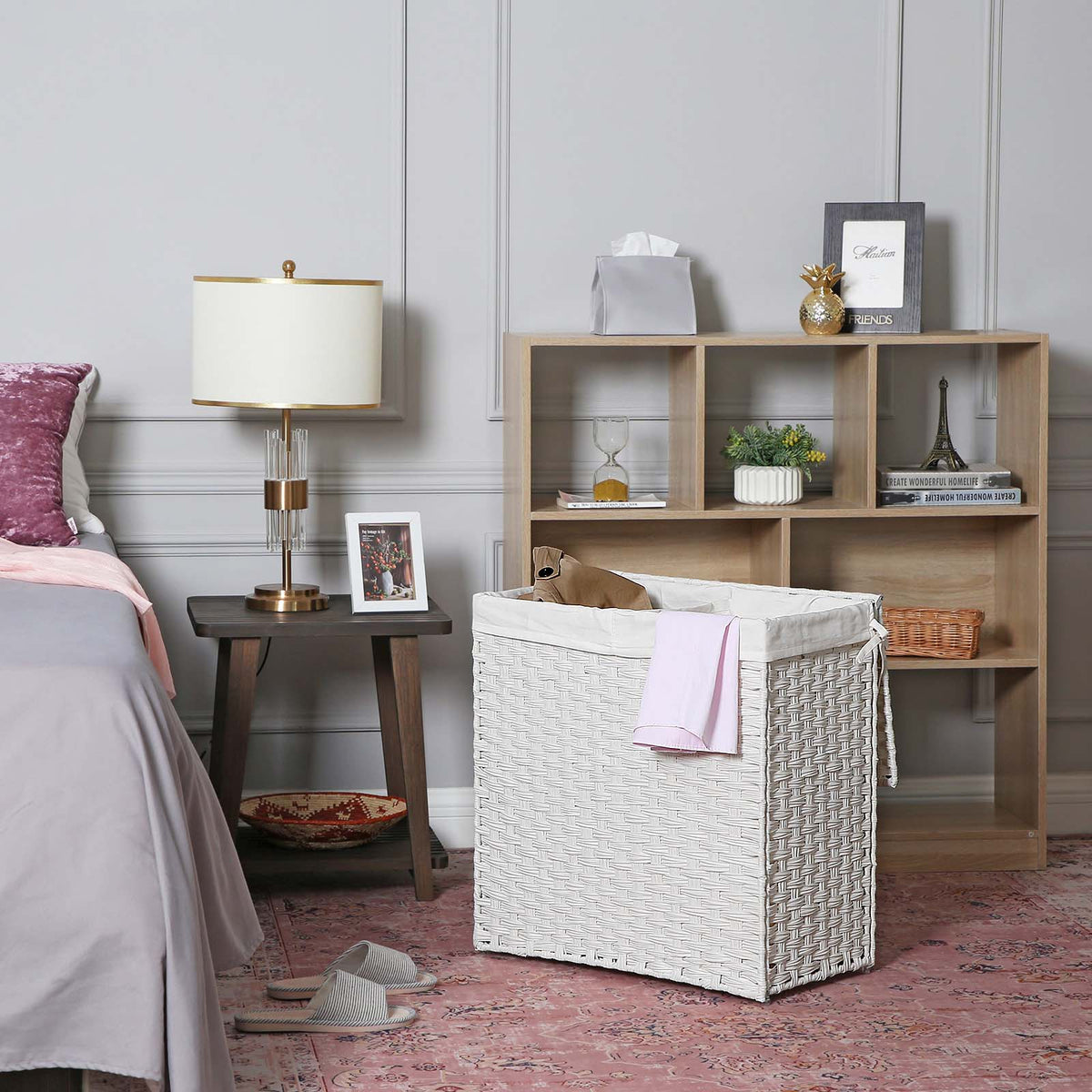 Divided Laundry Basket - Synthetic Rattan - Natural - Foldable with Lid and Removable Liner