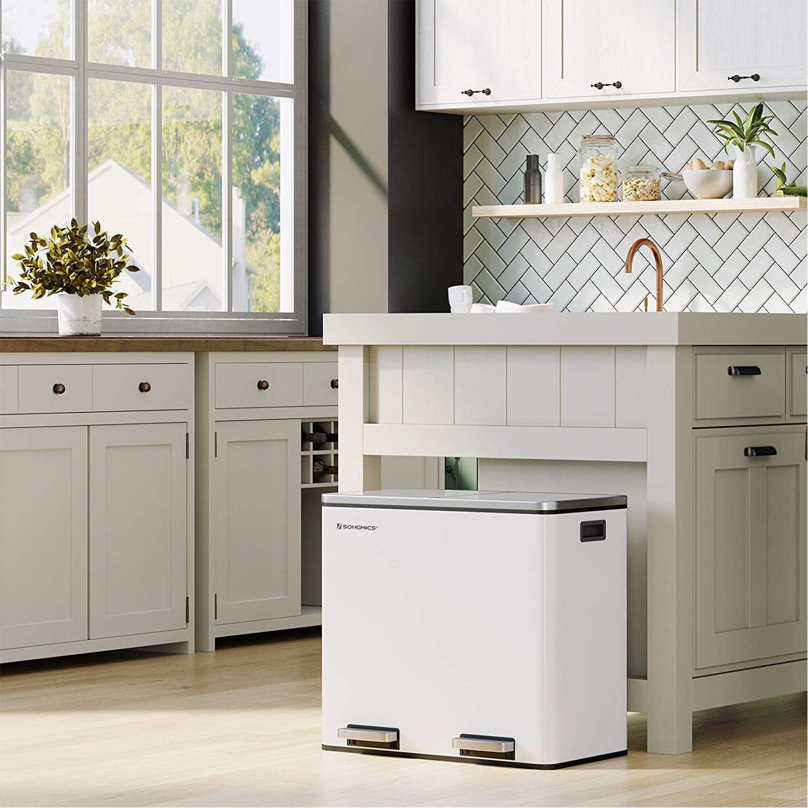 Double Compartment Trash Can - Plastic - White - Soft-Close Lids and Pedals