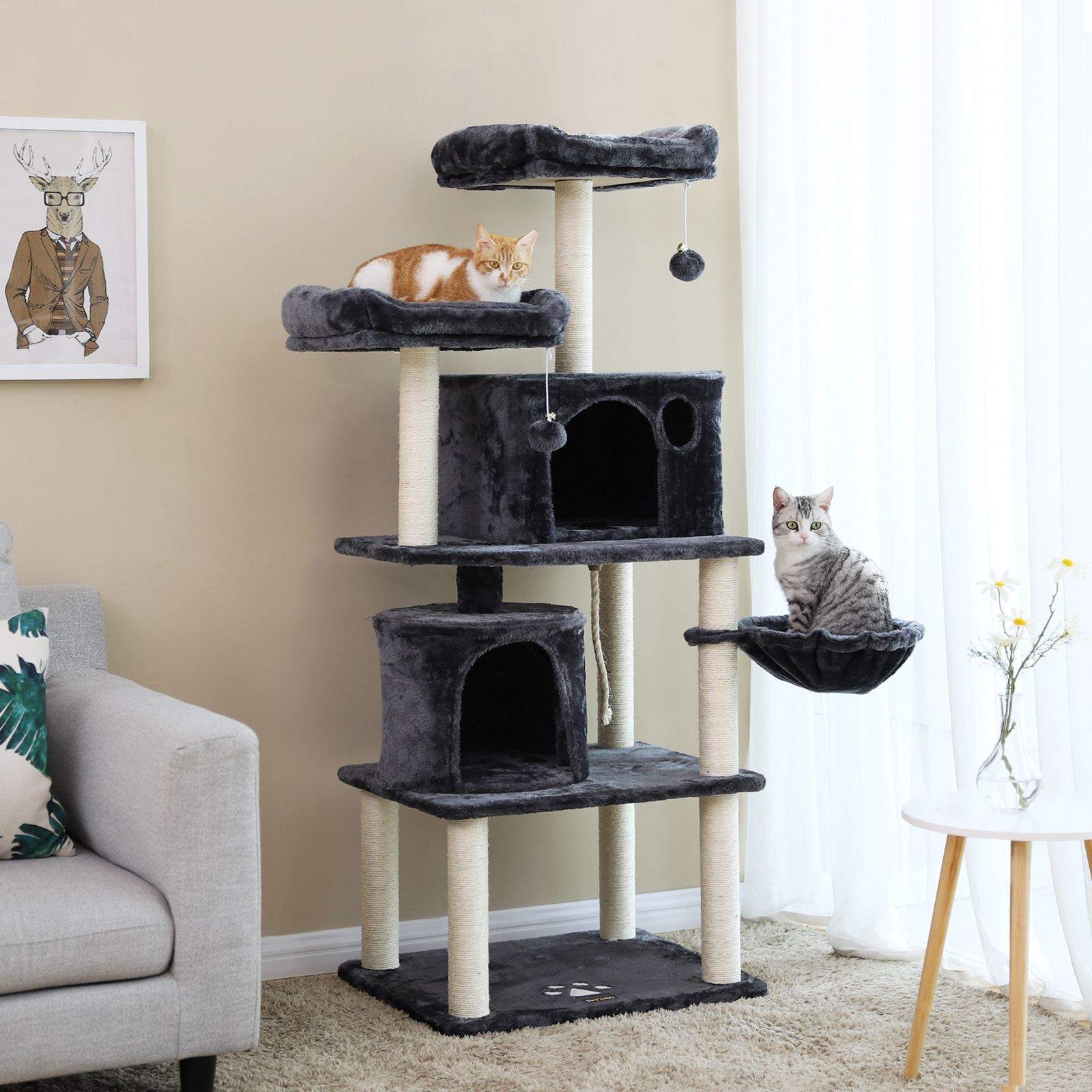 Cat Tree - Engineered Wood - Smoky Grey - Multi-Level with Scratching Posts