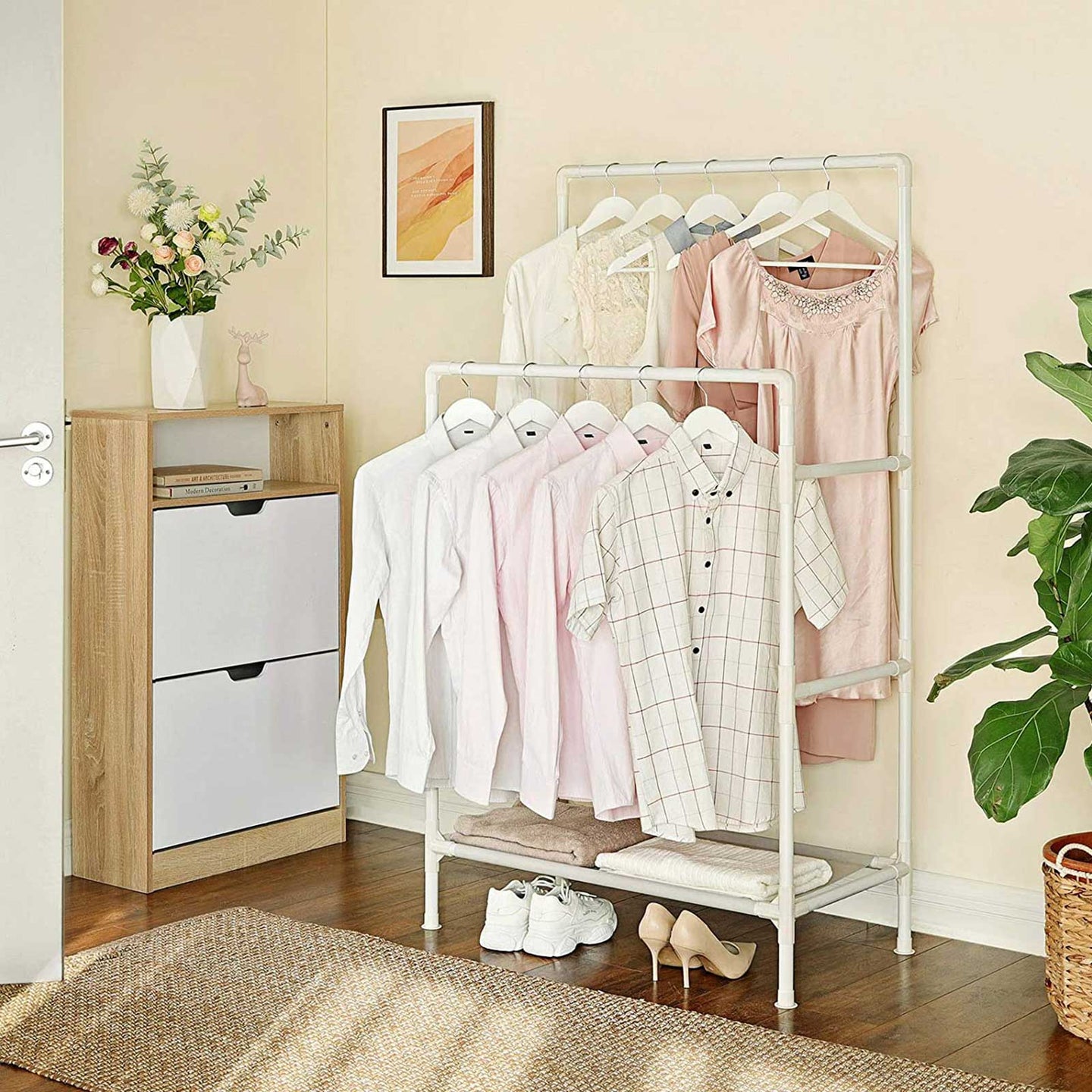 Double Rails Clothes Rack - Metal - White - Max Load 55 kg with Storage Shelf