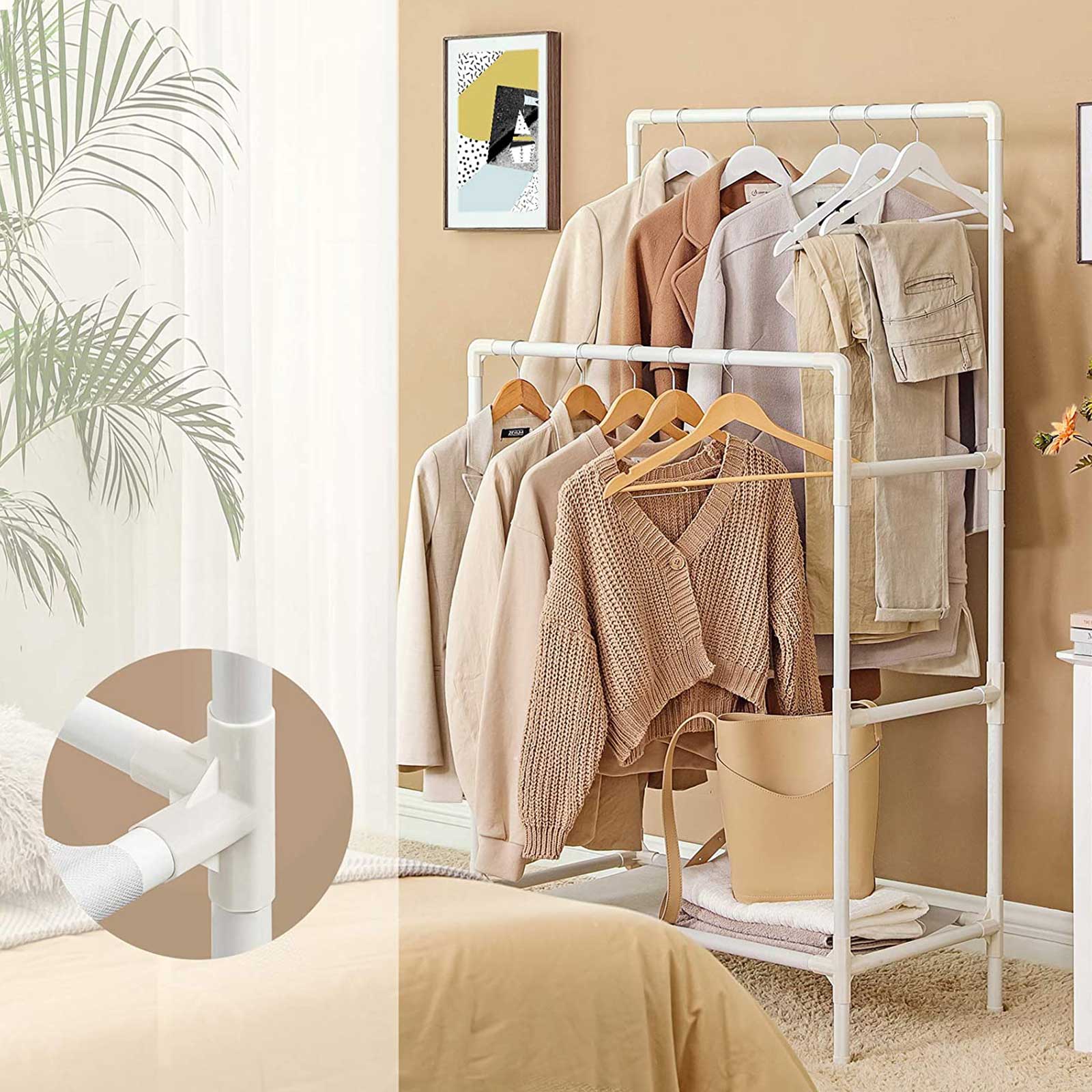 Double Rails Clothes Rack - Metal - White - Max Load 55 kg with Storage Shelf