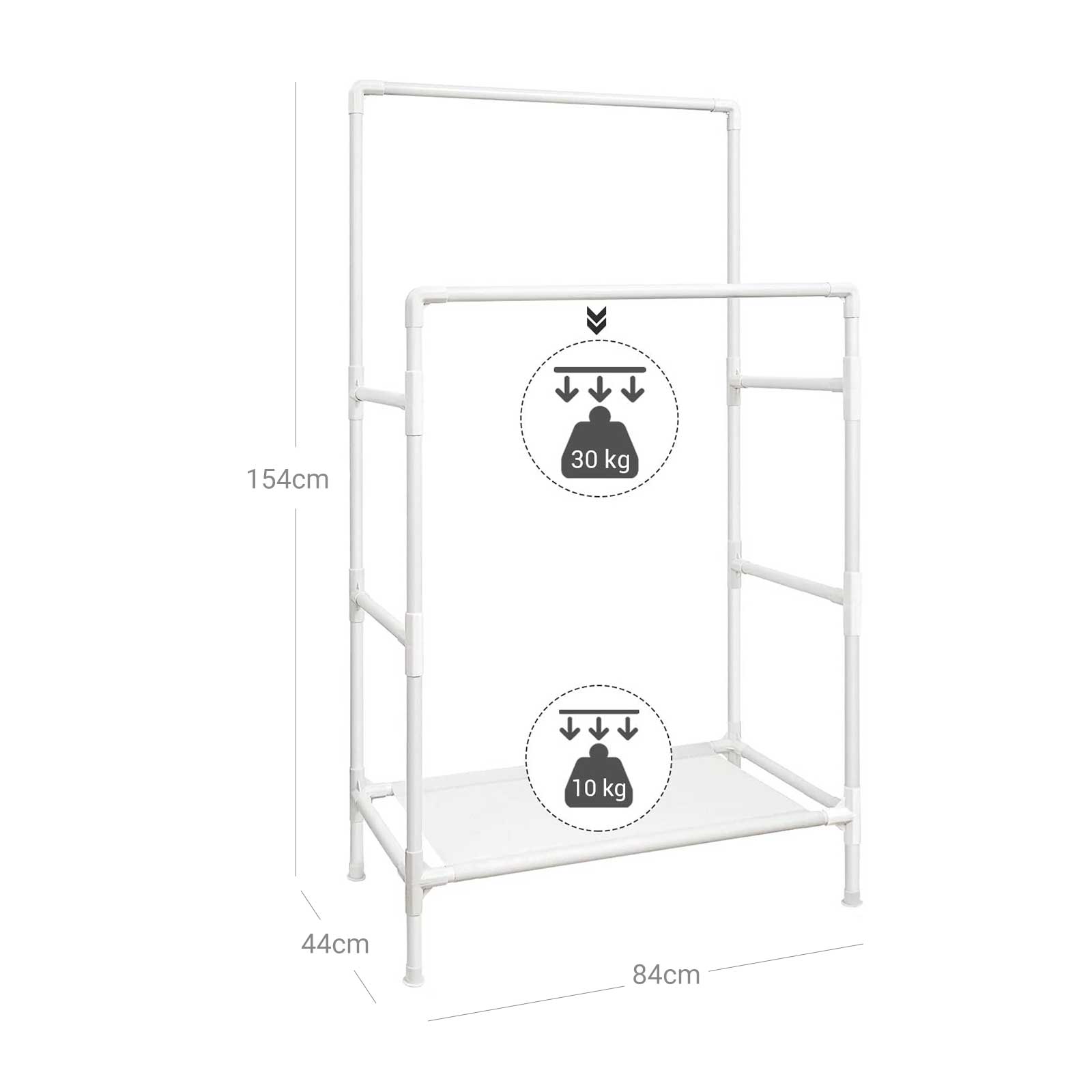 Double Rails Clothes Rack - Metal - White - Max Load 55 kg with Storage Shelf