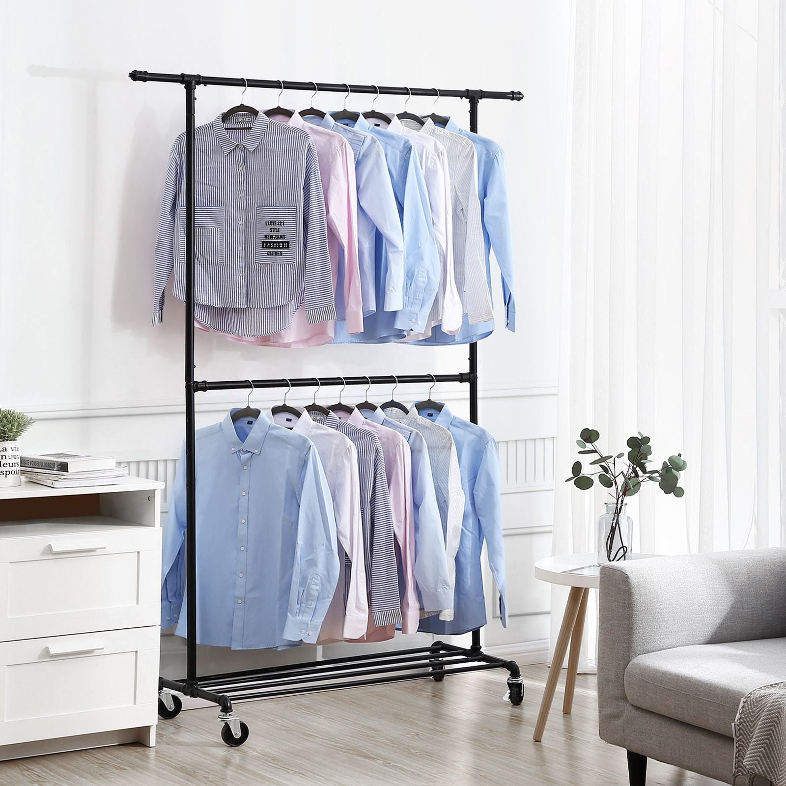 Double Rod Garment Rack - Metal - Black - 110 Kg Capacity