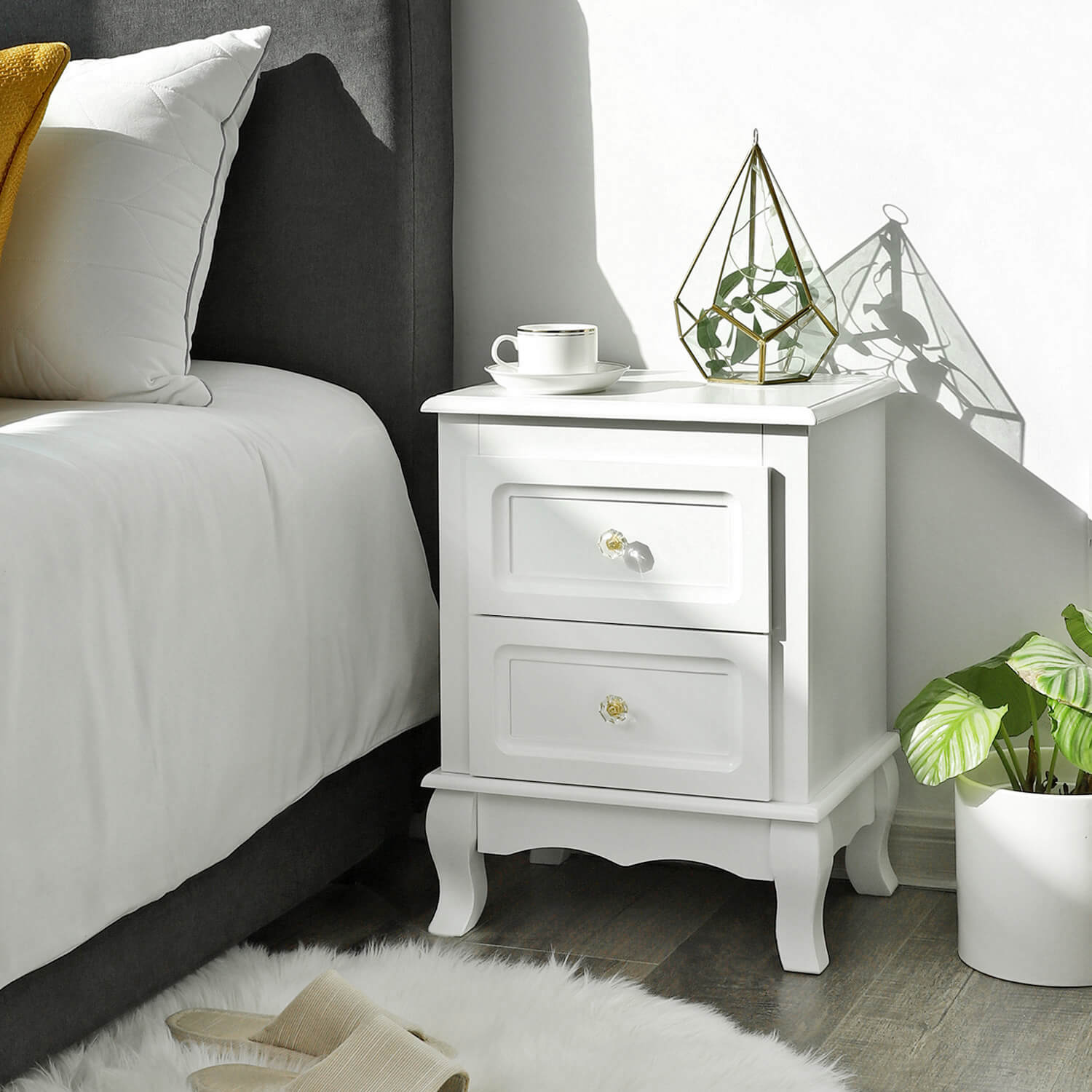 Bedside Table - Spacious with 2 Drawers - White - Wooden