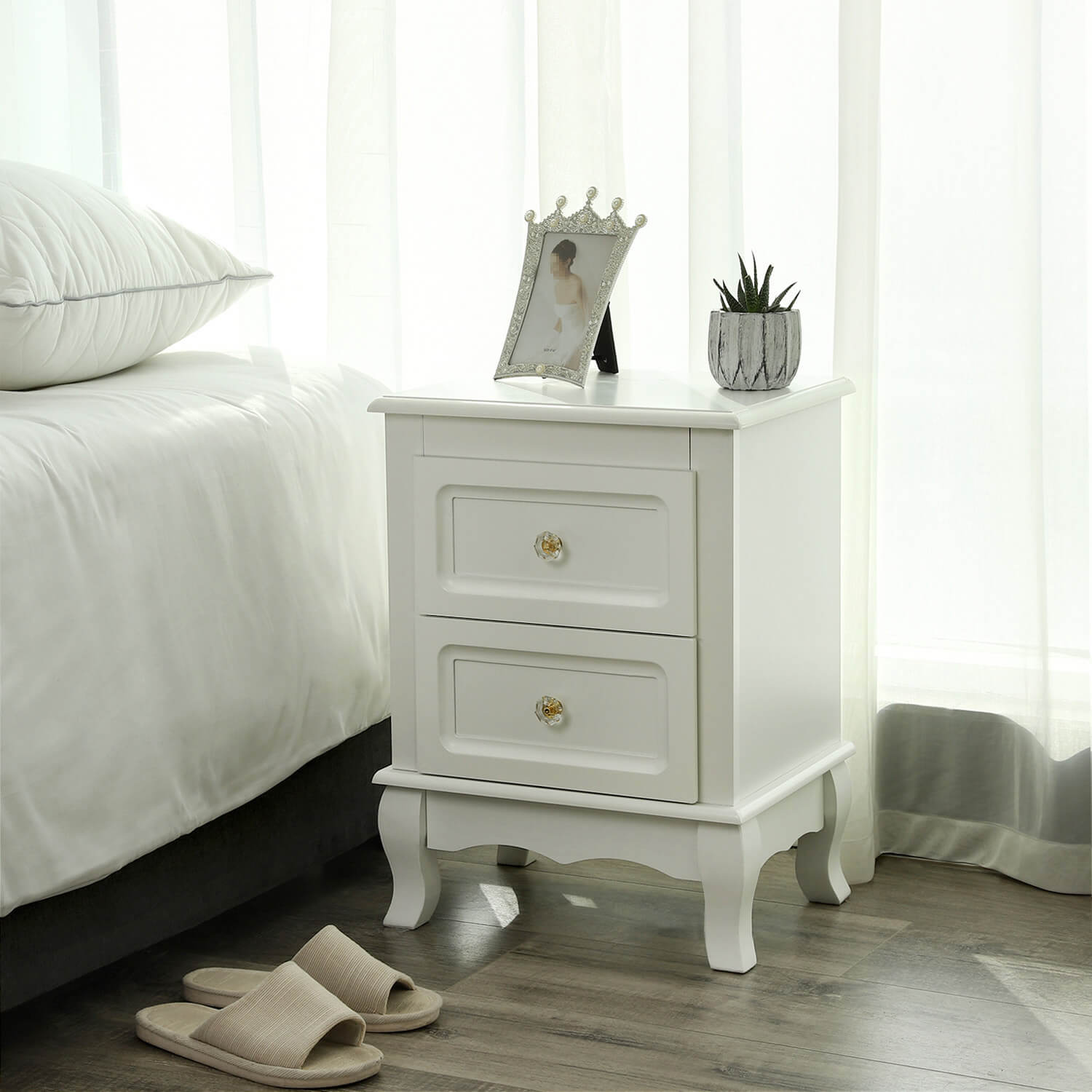 Bedside Table - Spacious with 2 Drawers - White - Wooden
