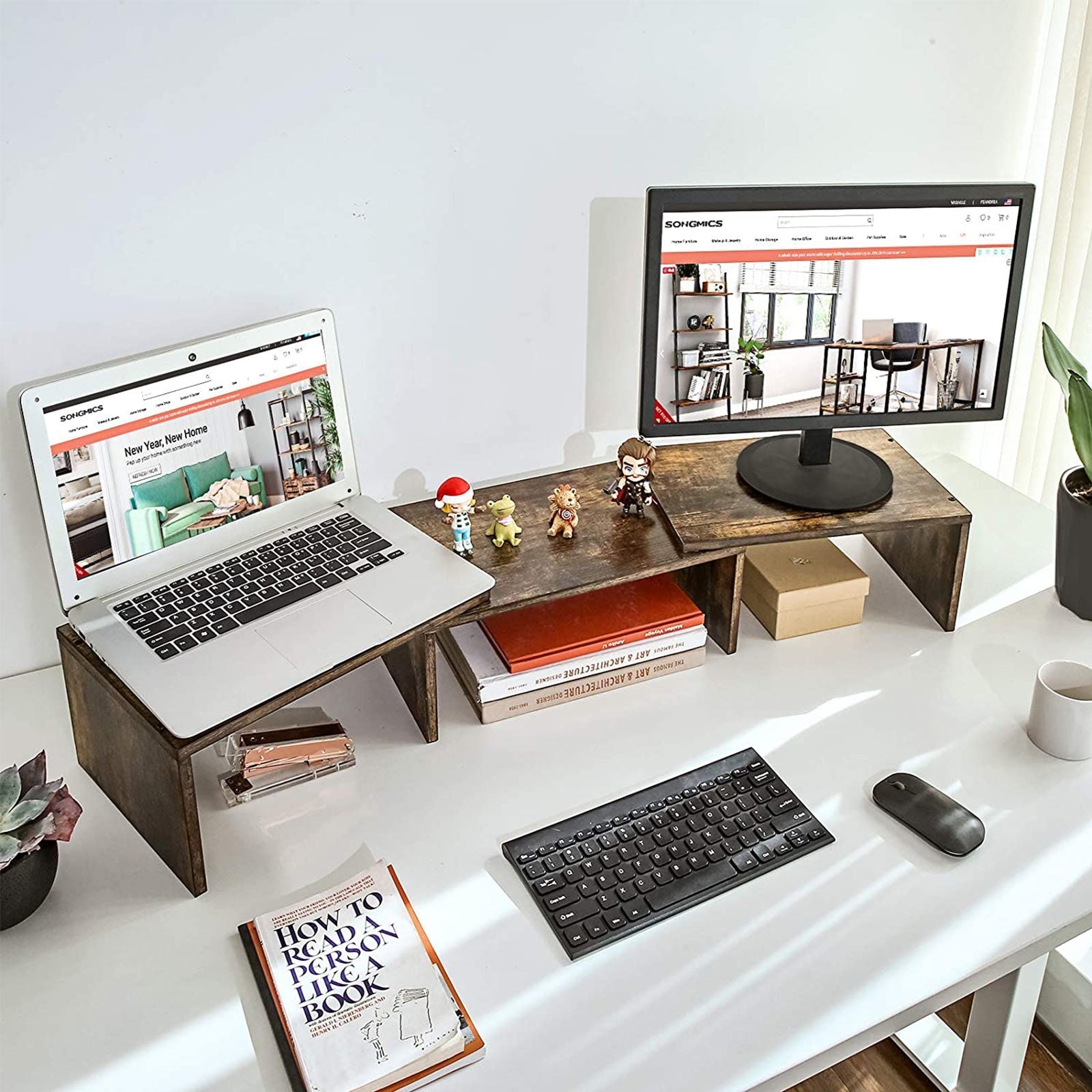 Dual Monitor Riser - Wood - Rustic Brown - Adjustable with 3 Shelves