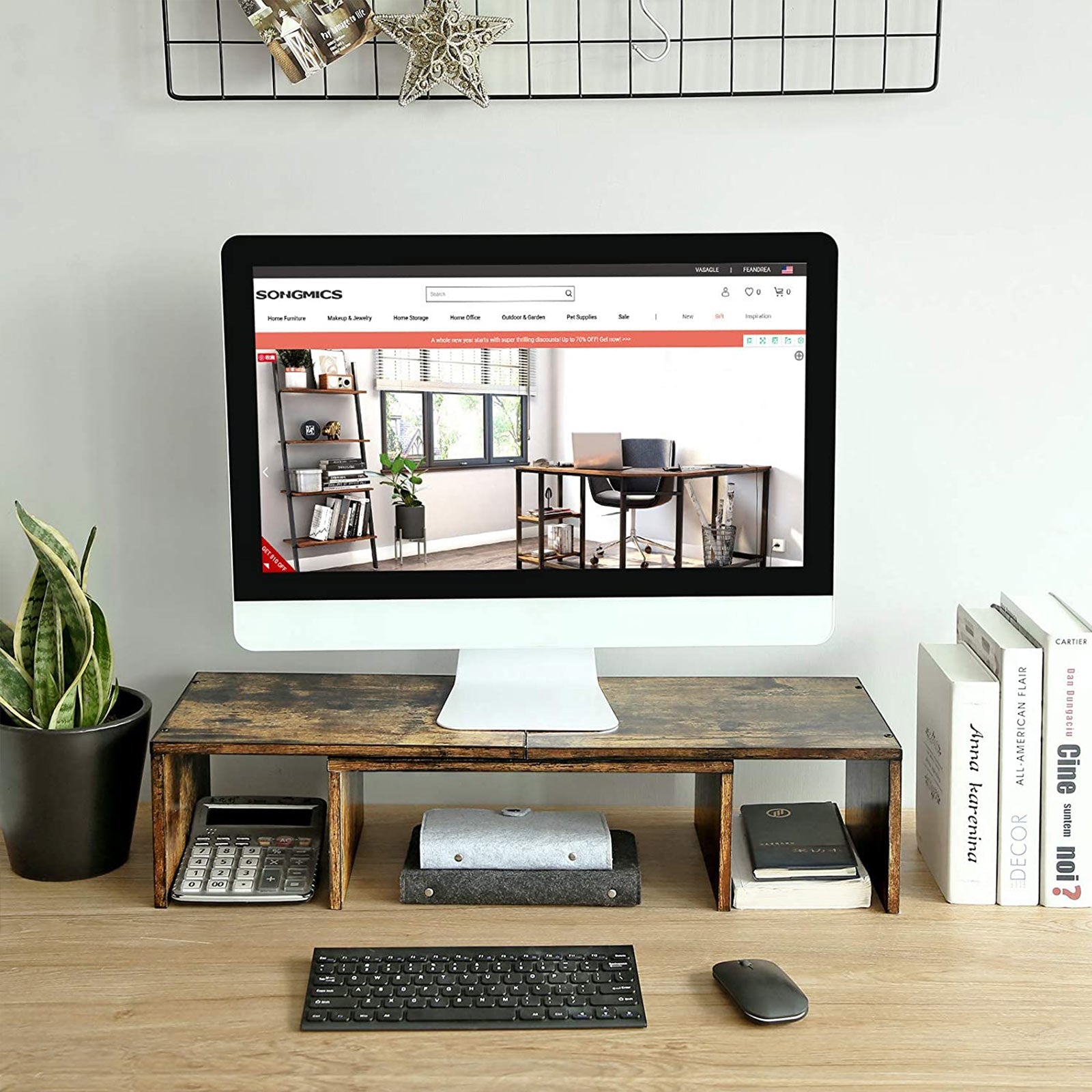 Dual Monitor Riser - Wood - Rustic Brown - Adjustable with 3 Shelves