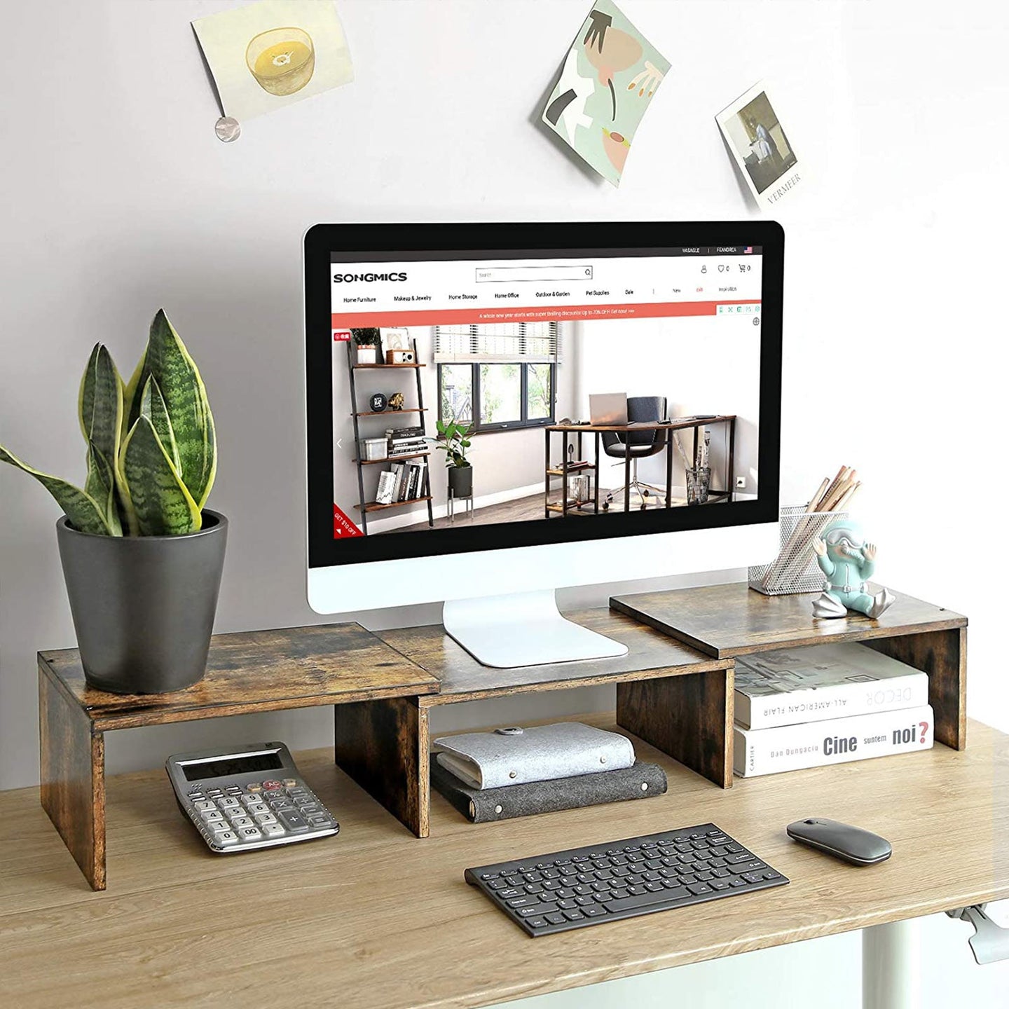 Dual Monitor Riser - Wood - Rustic Brown - Adjustable with 3 Shelves