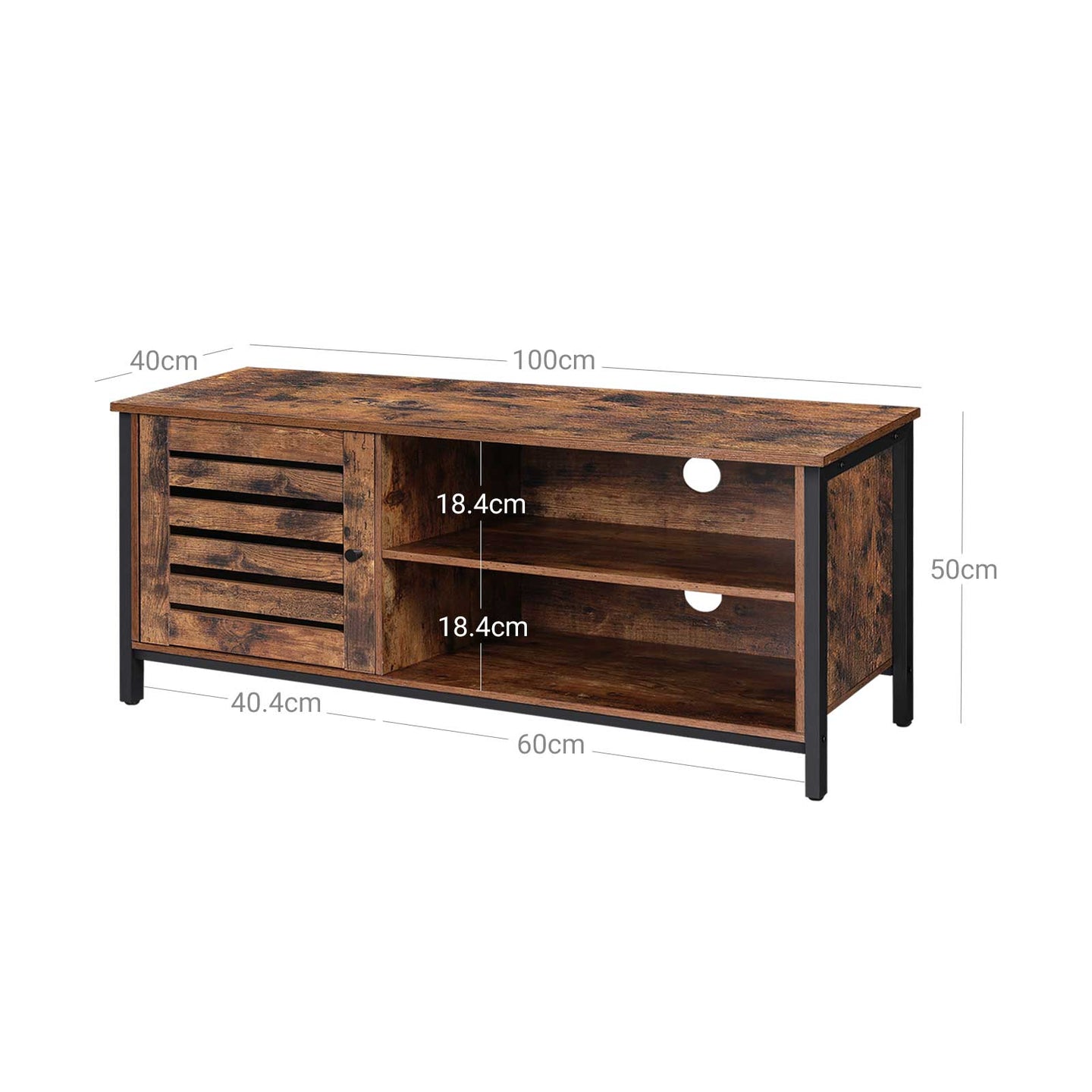 TV Cabinet - Wood - Rustic Brown and Black - Louvred Door with 2 Shelves