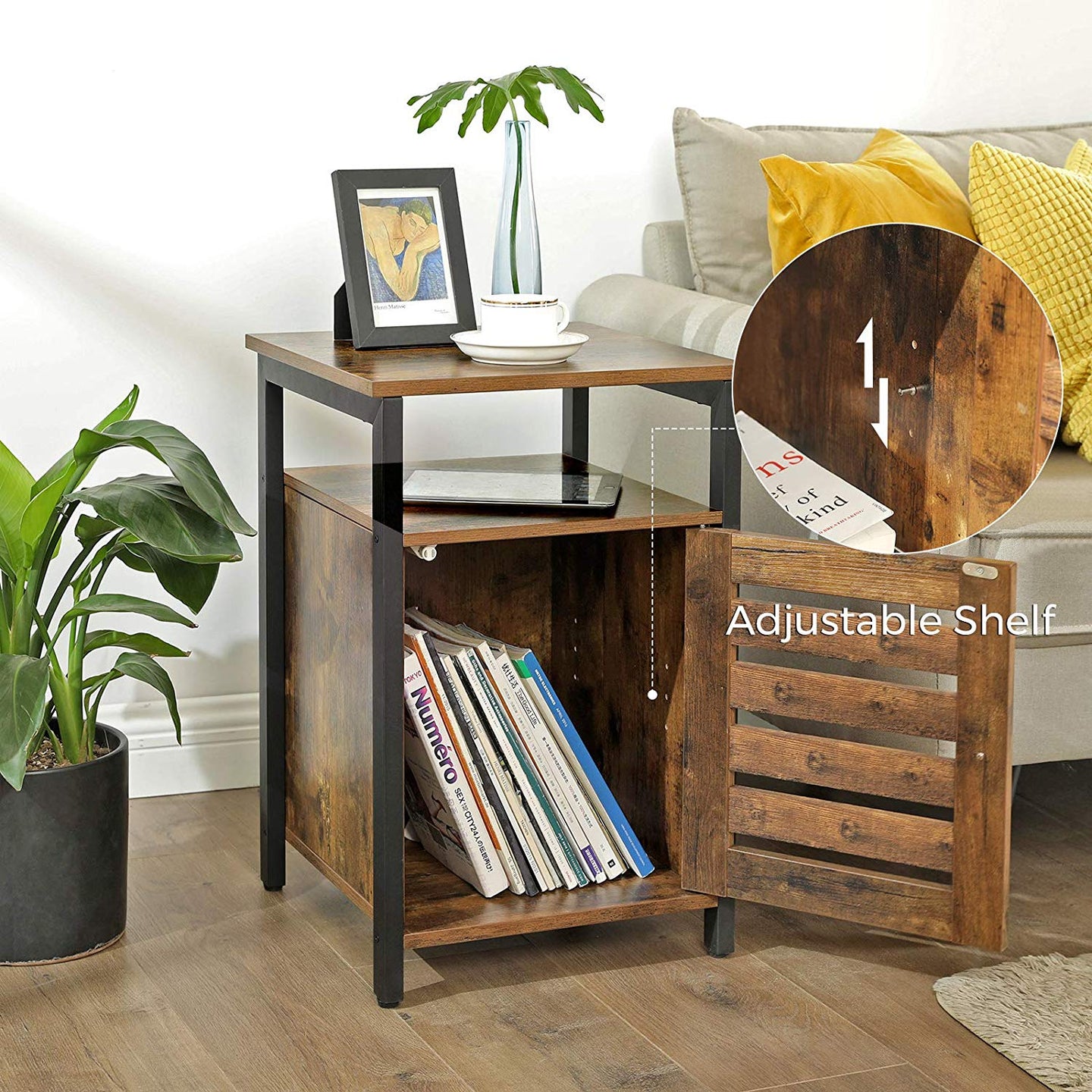 End Table - Metal Frame - Rustic Brown - Adjustable Shelf