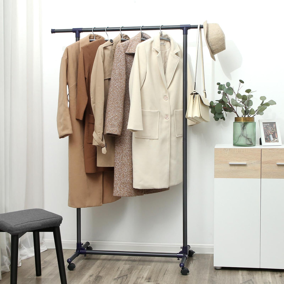 Extendable Garment Rack - Metal - Matte Black and Blue - Rolling Design with Thickened Hanging Rail