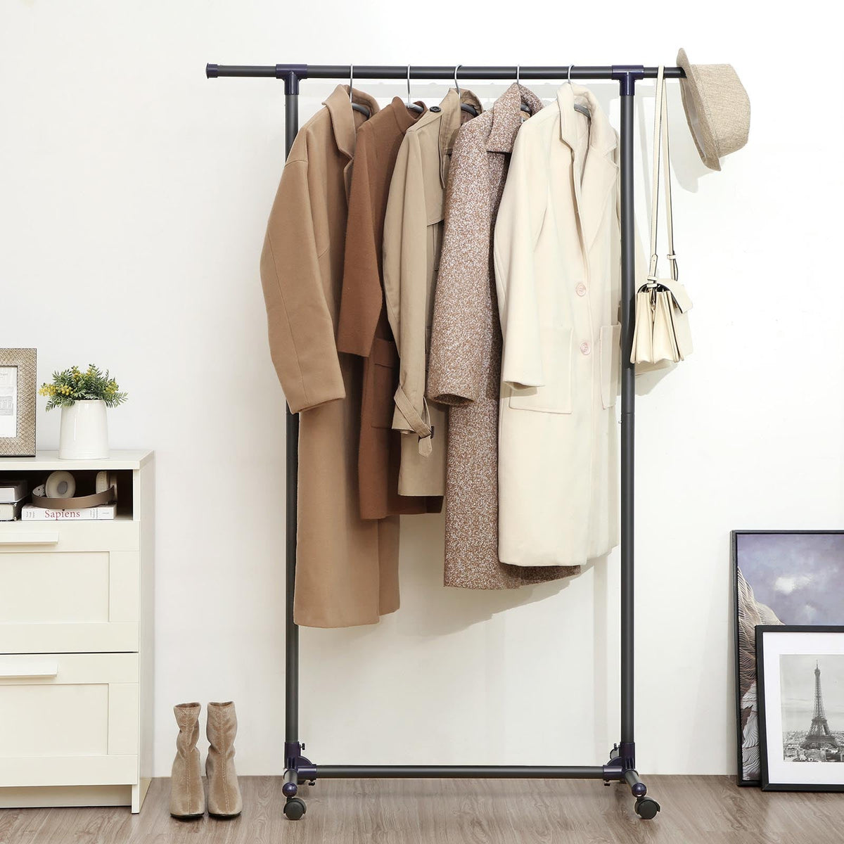 Extendable Garment Rack - Metal - Matte Black and Blue - Rolling Design with Thickened Hanging Rail