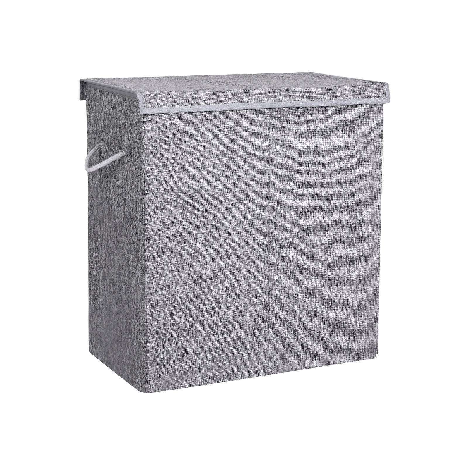 Double Laundry Hamper - Linenette Fabric - Grey - Divided Design with Magnetic Lid and Removable Liner
