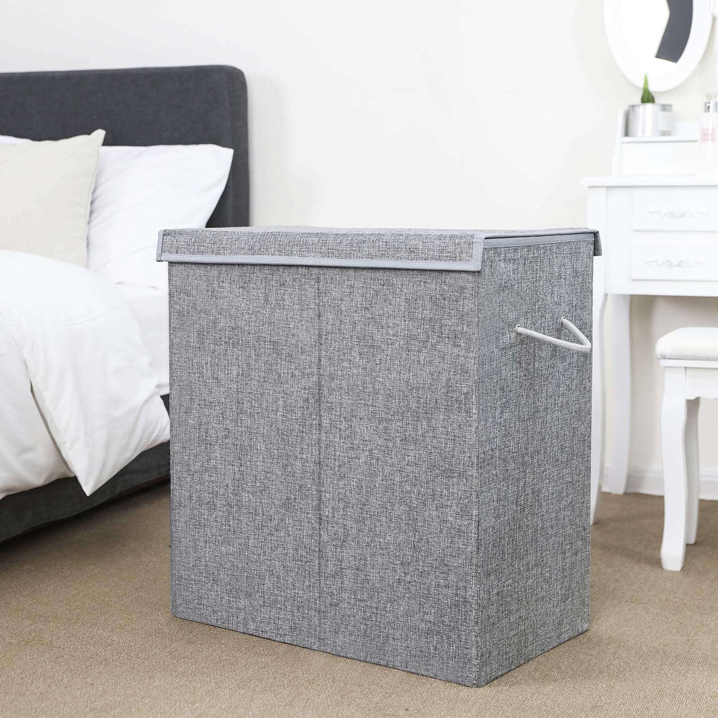 Double Laundry Hamper - Linenette Fabric - Grey - Divided Design with Magnetic Lid and Removable Liner