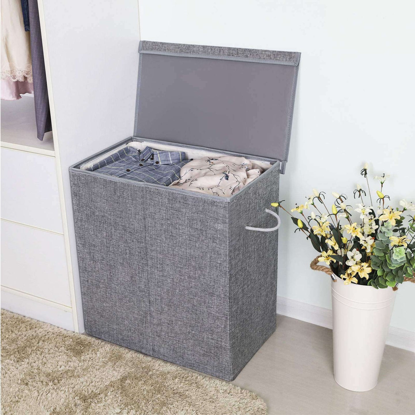 Double Laundry Hamper - Linenette Fabric - Grey - Divided Design with Magnetic Lid and Removable Liner