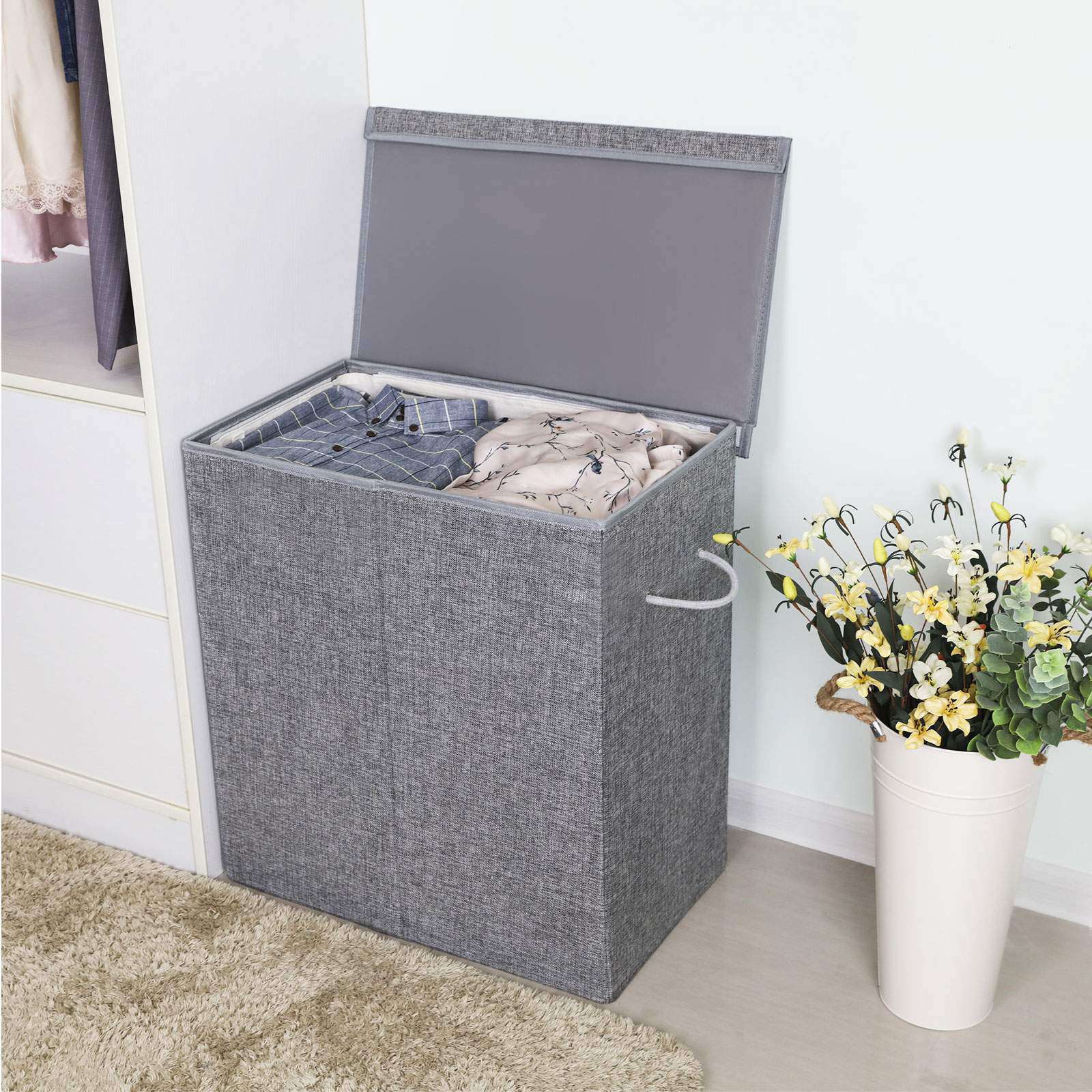 Double Laundry Hamper - Linenette Fabric - Grey - Divided Design with Magnetic Lid and Removable Liner