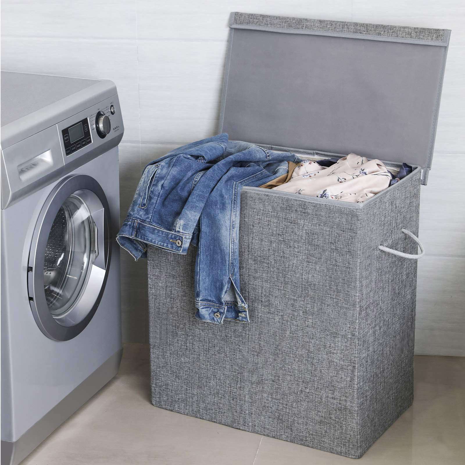 Double Laundry Hamper - Linenette Fabric - Grey - Divided Design with Magnetic Lid and Removable Liner