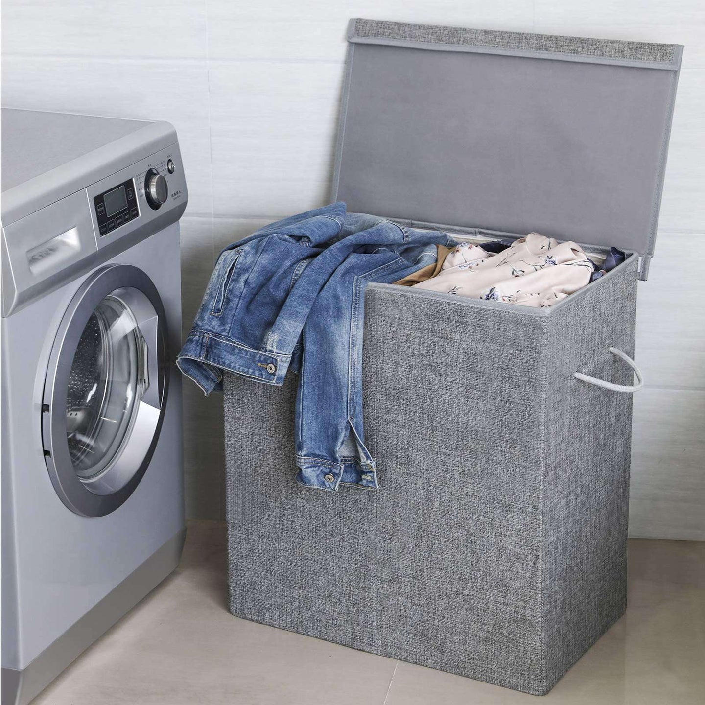 Double Laundry Hamper - Linenette Fabric - Grey - Divided Design with Magnetic Lid and Removable Liner