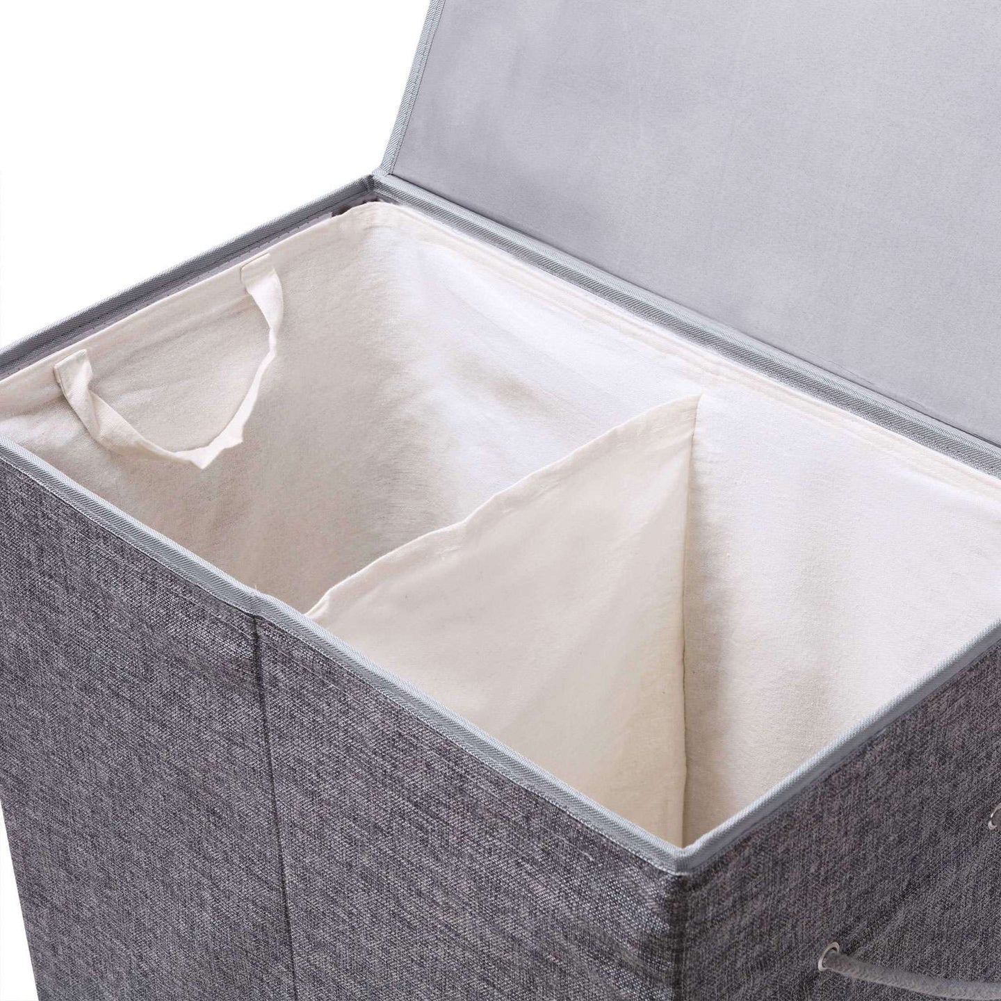 Double Laundry Hamper - Linenette Fabric - Grey - Divided Design with Magnetic Lid and Removable Liner