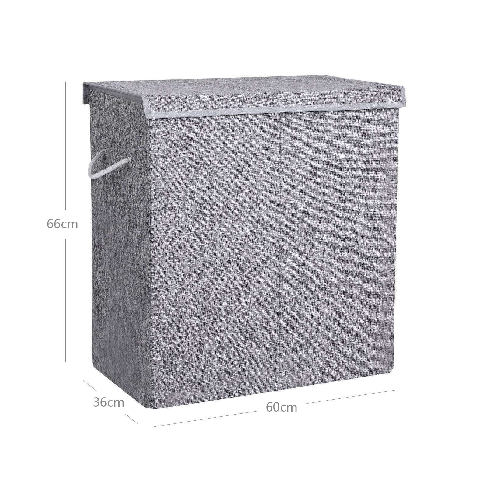 Double Laundry Hamper - Linenette Fabric - Grey - Divided Design with Magnetic Lid and Removable Liner