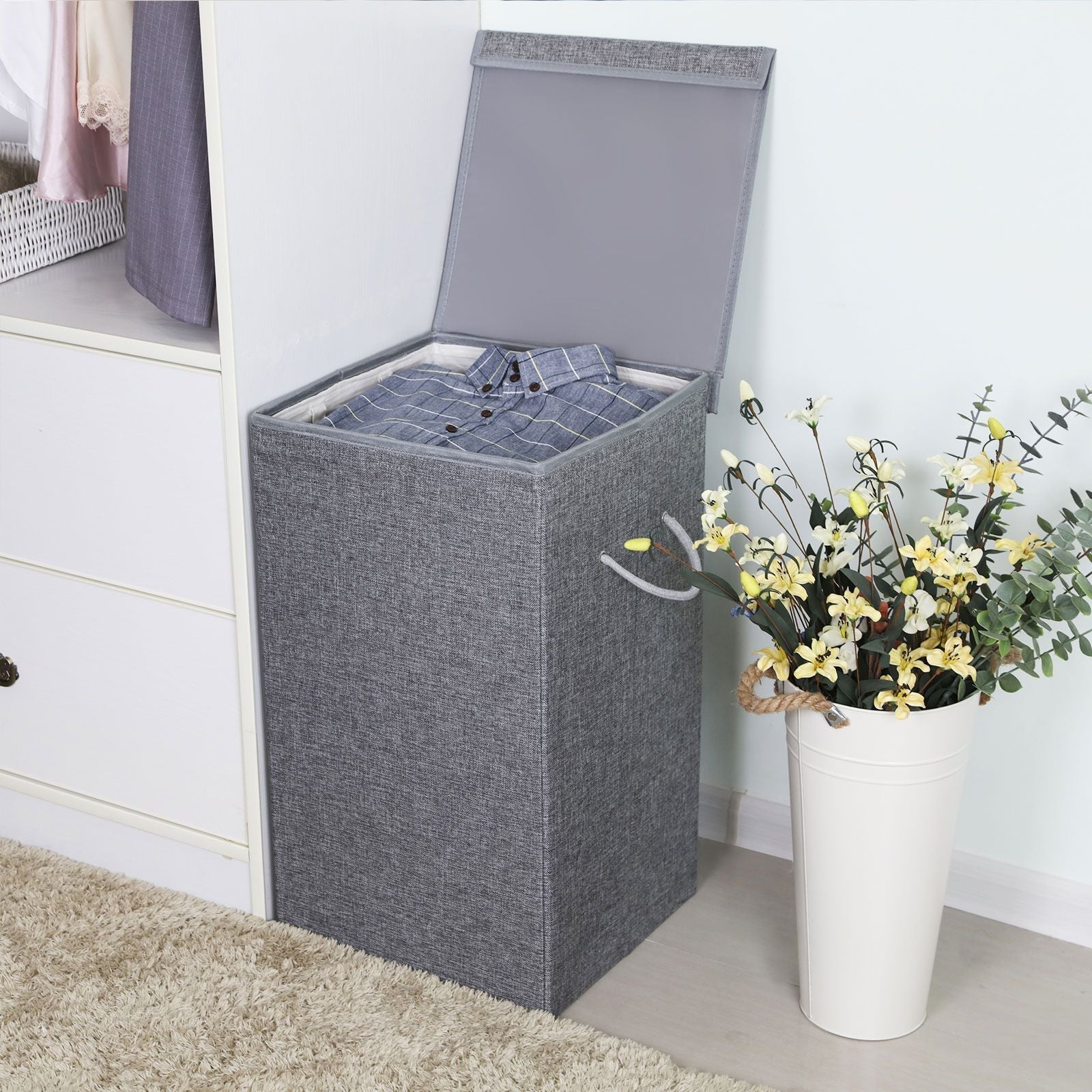 Laundry Hamper - Linenette Fabric - Grey - 85L Capacity with Magnetic Lid and Removable Liner Bag