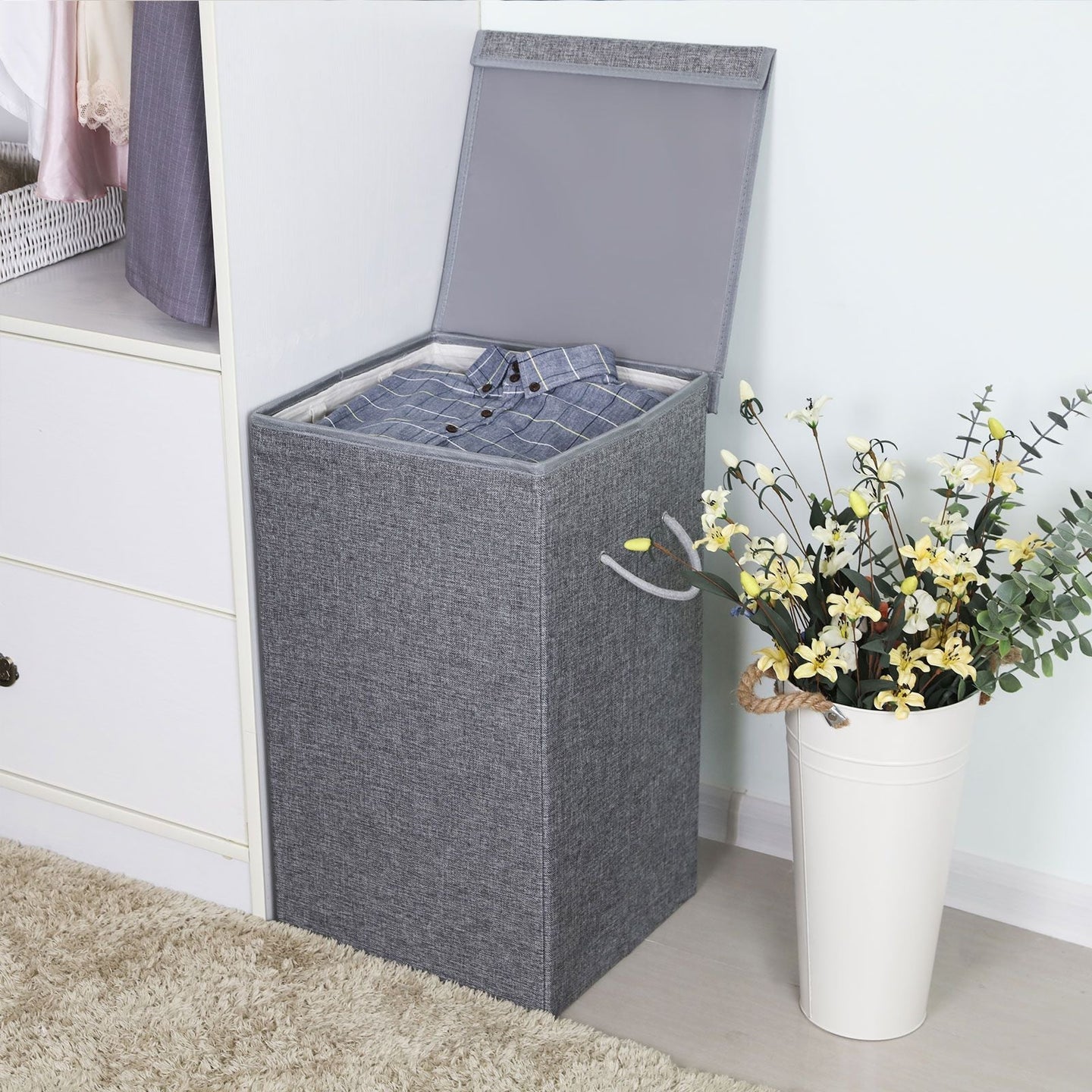 Laundry Hamper - Linenette Fabric - Grey - 85L Capacity with Magnetic Lid and Removable Liner Bag