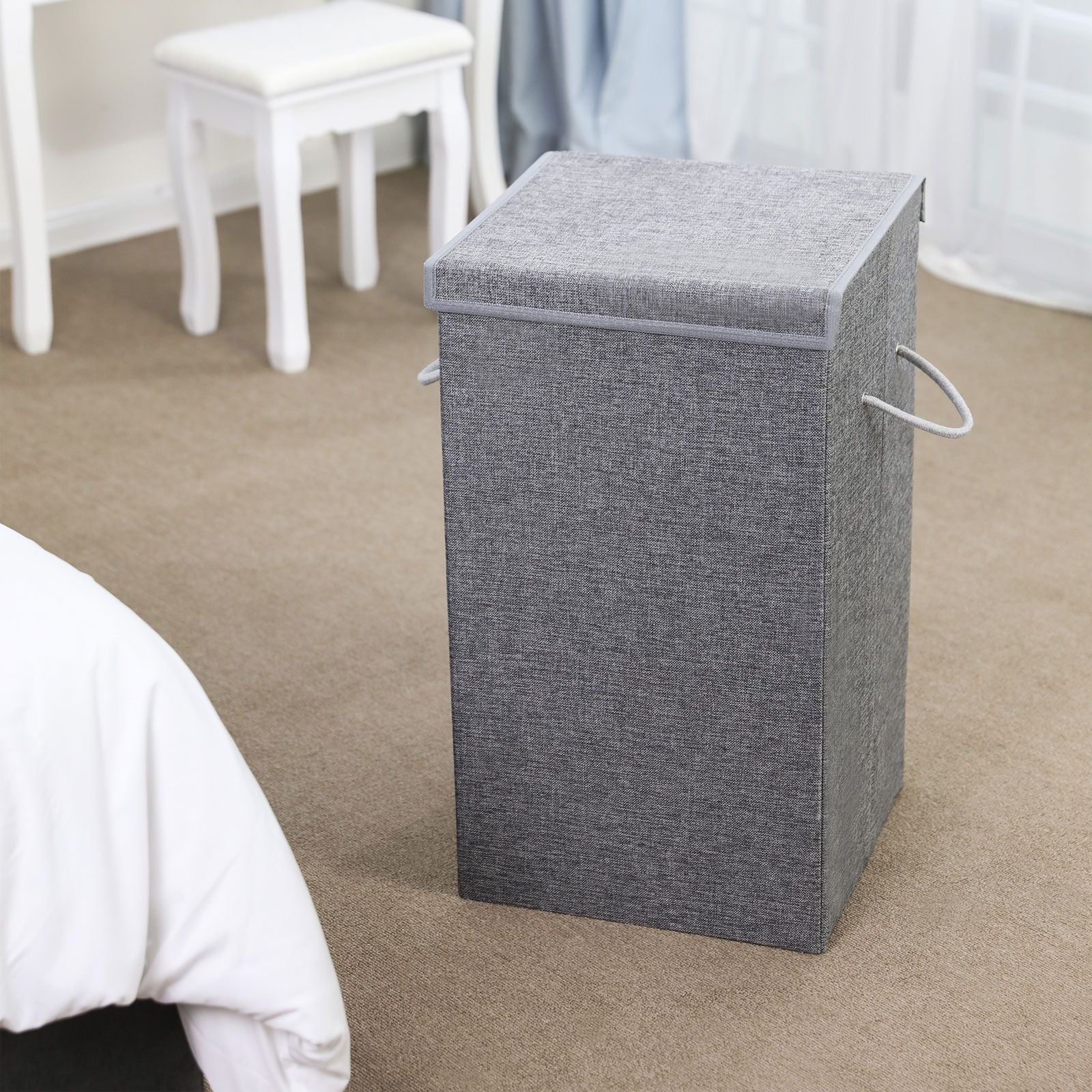 Laundry Hamper - Linenette Fabric - Grey - 85L Capacity with Magnetic Lid and Removable Liner Bag